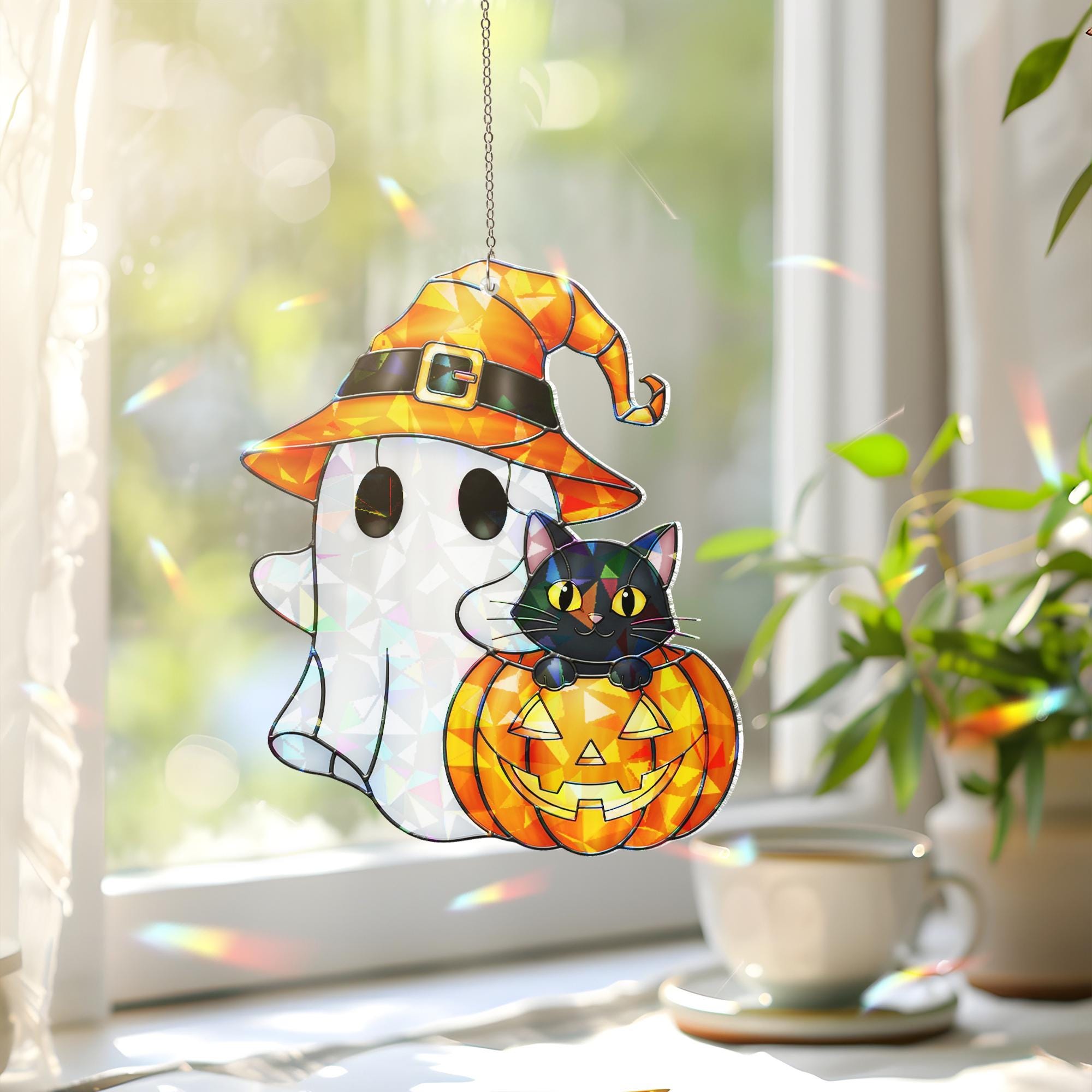 Halloween Ghost Cat Hologram Ornament – Halloween Black Cat Window Hanging, Cute Pumpkin Witch Decor, Fall Wall Art for Autumn Home