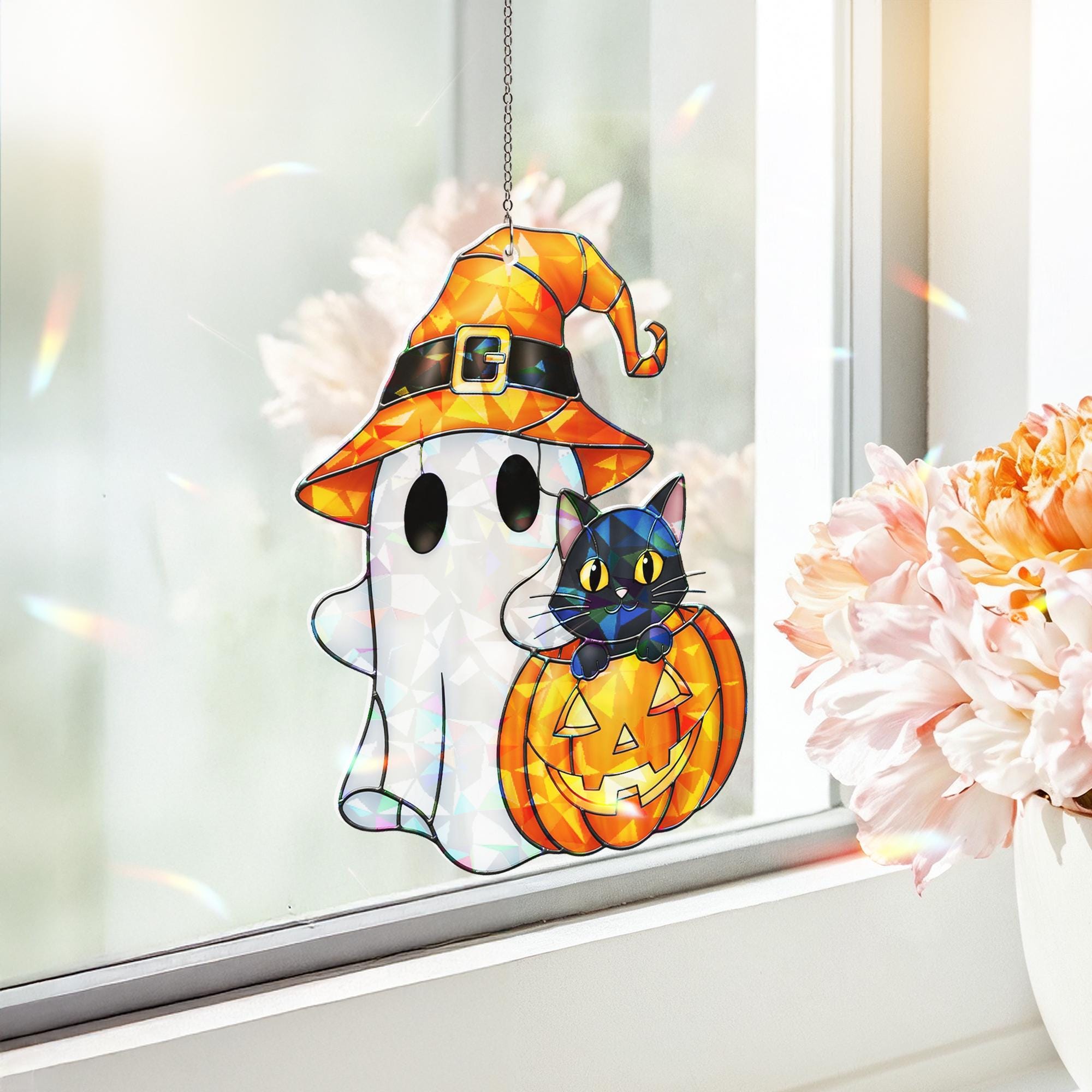 Halloween Ghost Cat Hologram Ornament – Halloween Black Cat Window Hanging, Cute Pumpkin Witch Decor, Fall Wall Art for Autumn Home