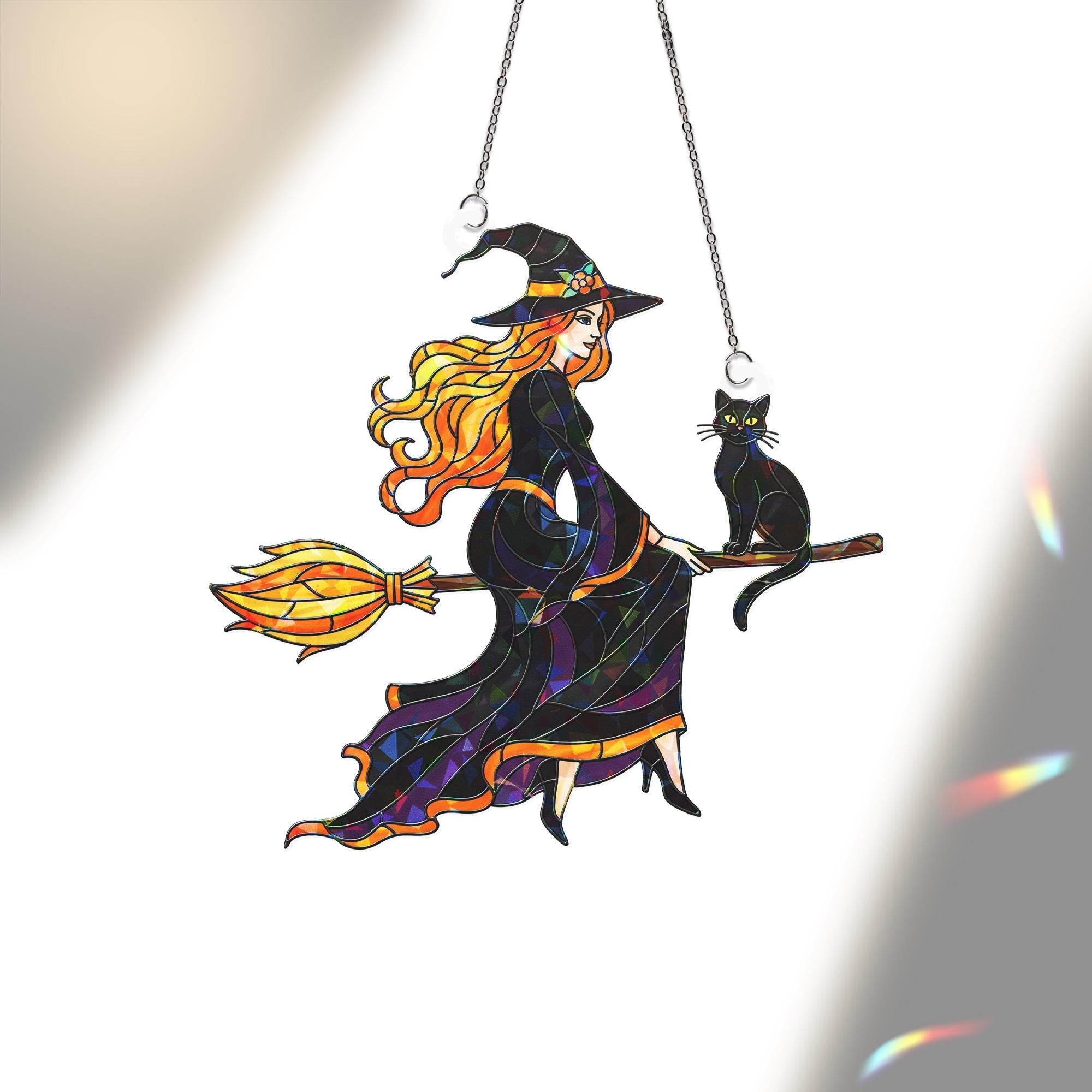 Halloween Witch Hologram Ornament – Wall Hanging with Black Cat, Fall Window Decor, Autumn Broomstick Witch Window Hanging, Black Cat decor