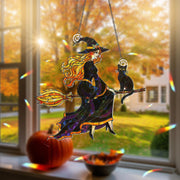 Halloween Witch Hologram Ornament – Wall Hanging with Black Cat, Fall Window Decor, Autumn Broomstick Witch Window Hanging, Black Cat decor