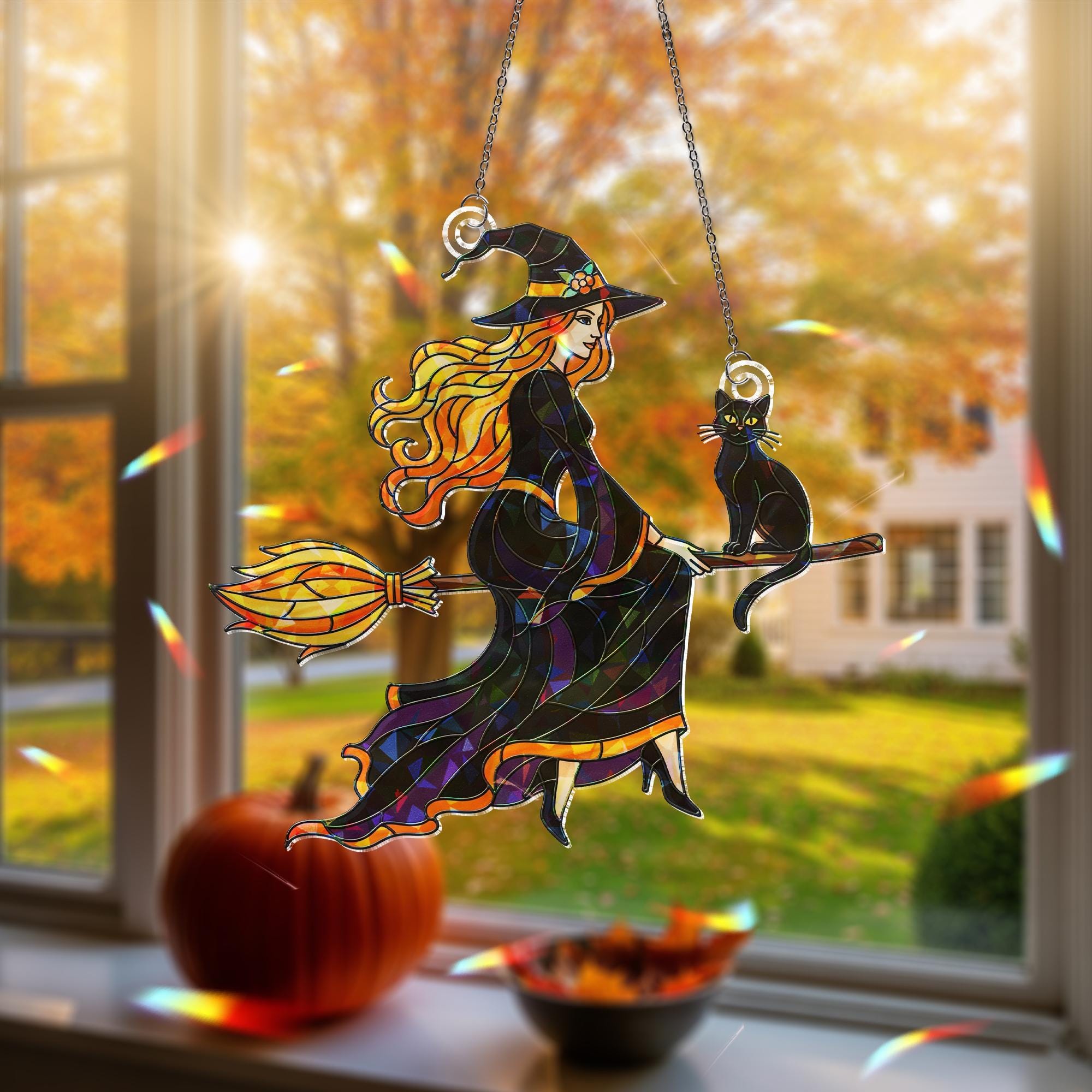 Halloween Witch Hologram Ornament – Wall Hanging with Black Cat, Fall Window Decor, Autumn Broomstick Witch Window Hanging, Black Cat decor
