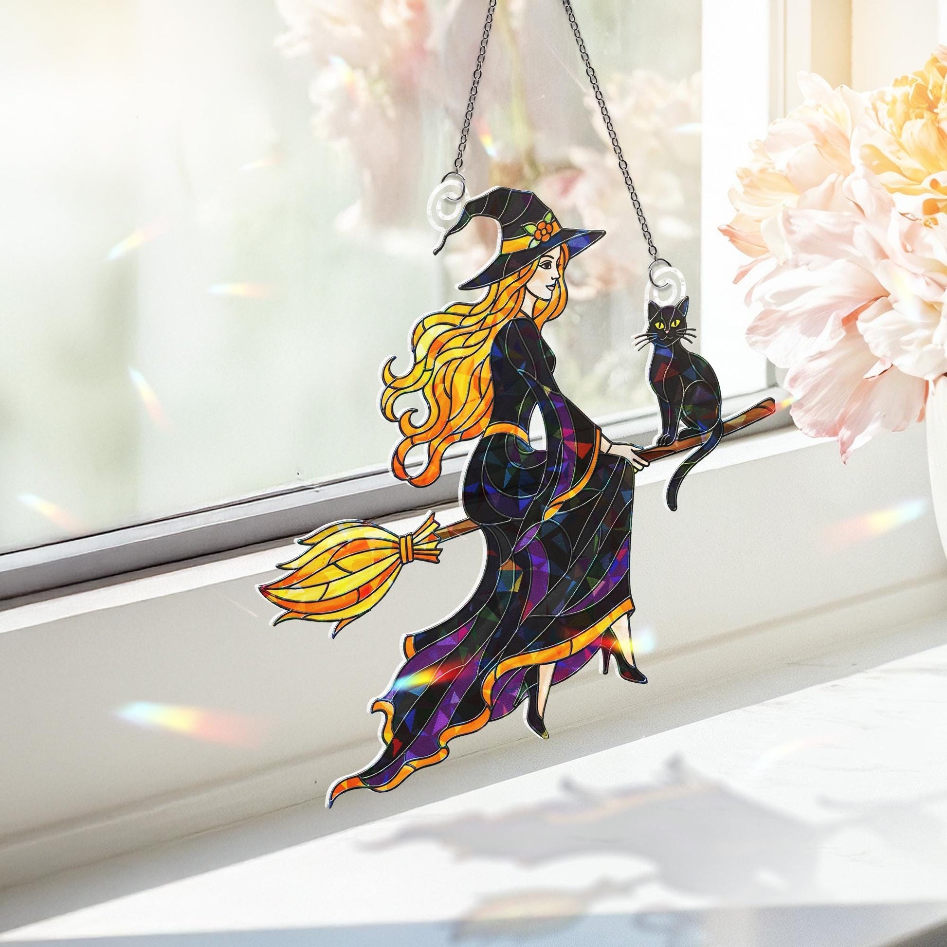 Halloween Witch Hologram Ornament – Wall Hanging with Black Cat, Fall Window Decor, Autumn Broomstick Witch Window Hanging, Black Cat decor