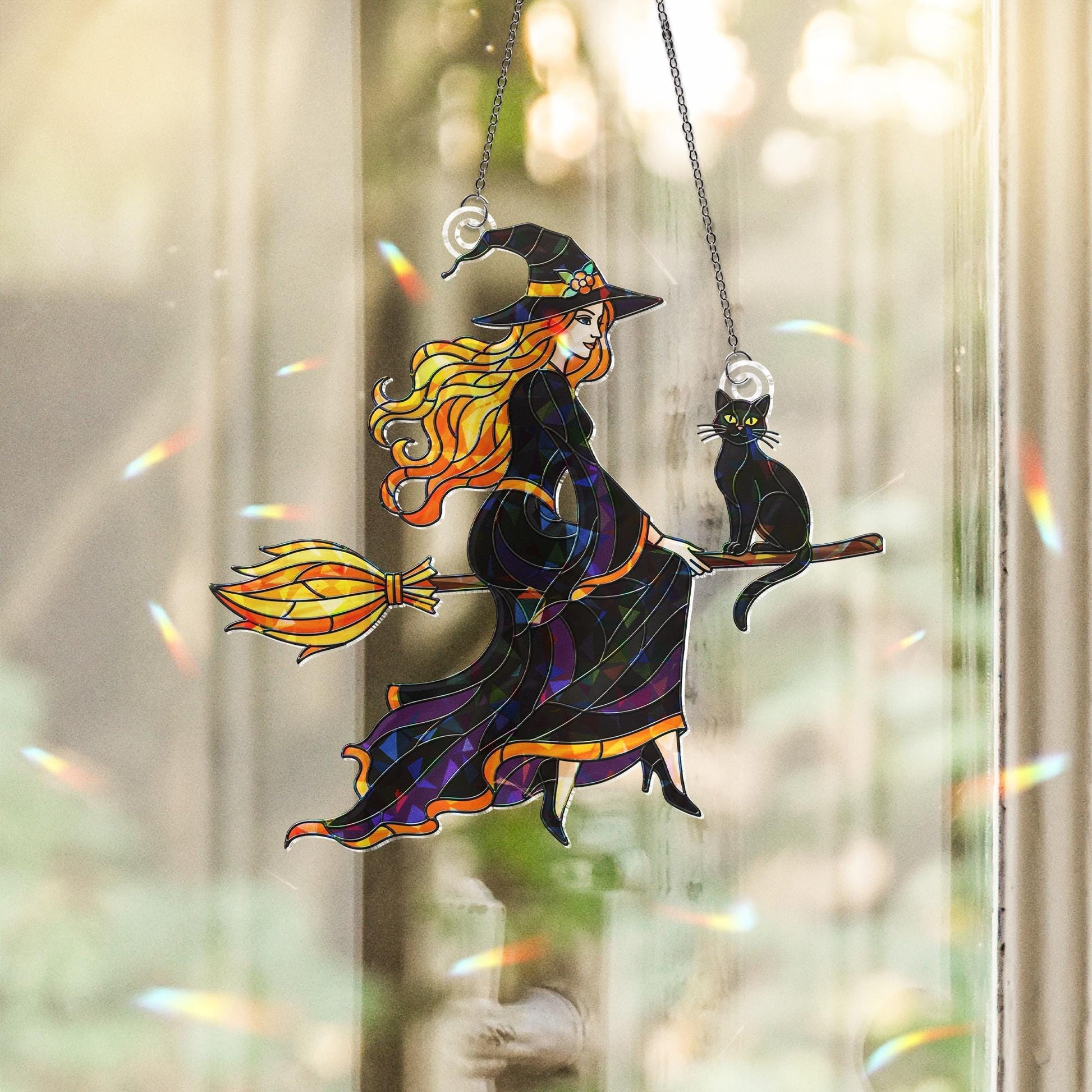 Halloween Witch Hologram Ornament – Wall Hanging with Black Cat, Fall Window Decor, Autumn Broomstick Witch Window Hanging, Black Cat decor