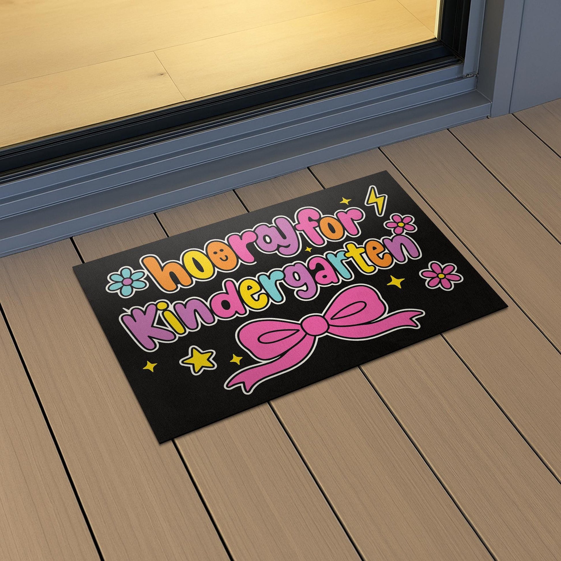 Hooray for Kindergarten Doormat – Cute Classroom Welcome Mat, Colorful Bow Design Rug, Back to School Decor for Teachers, Students, Staffs