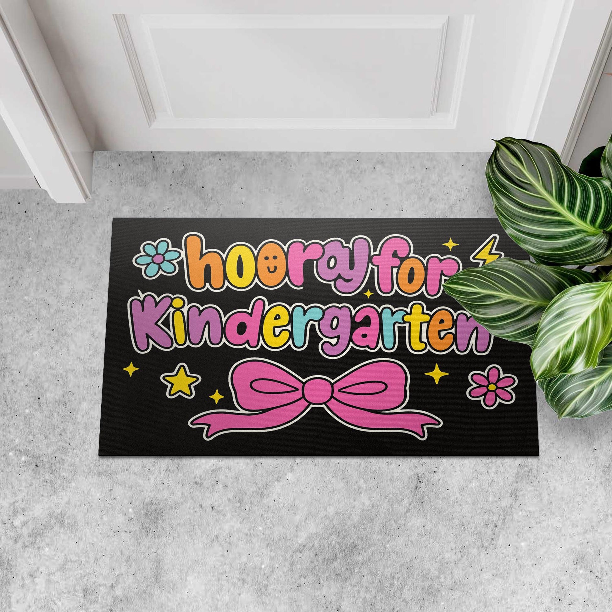 Hooray for Kindergarten Doormat – Cute Classroom Welcome Mat, Colorful Bow Design Rug, Back to School Decor for Teachers, Students, Staffs