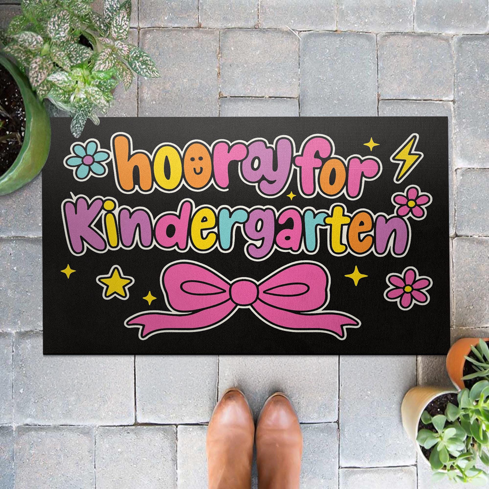 Hooray for Kindergarten Doormat – Cute Classroom Welcome Mat, Colorful Bow Design Rug, Back to School Decor for Teachers, Students, Staffs