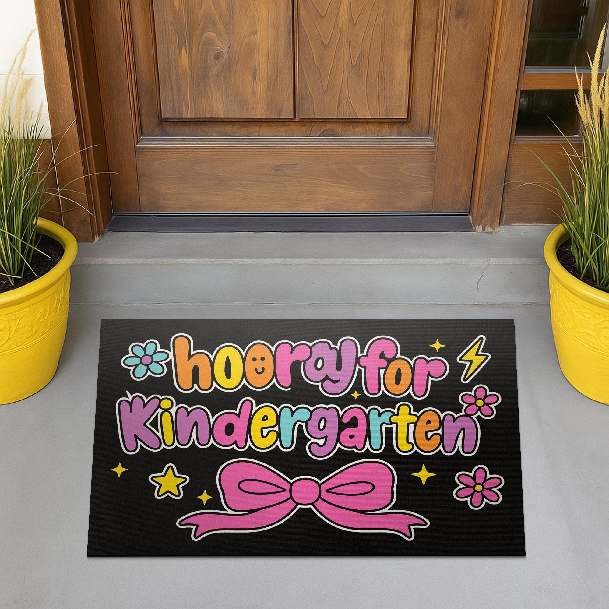 Hooray for Kindergarten Doormat – Cute Classroom Welcome Mat, Colorful Bow Design Rug, Back to School Decor for Teachers, Students, Staffs
