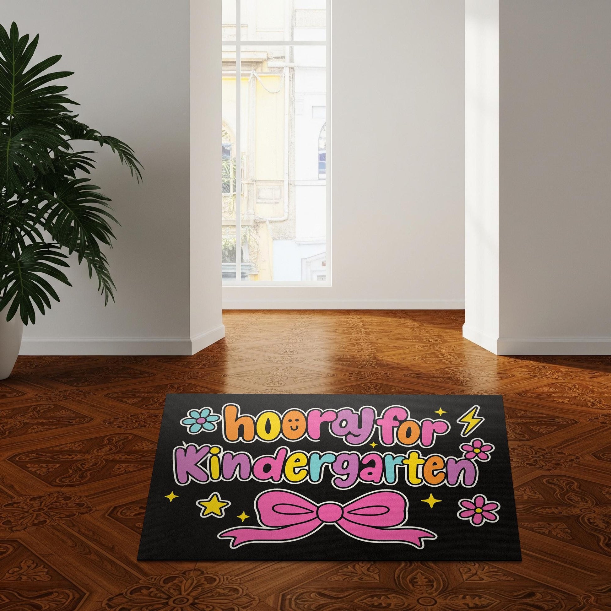 Hooray for Kindergarten Doormat – Cute Classroom Welcome Mat, Colorful Bow Design Rug, Back to School Decor for Teachers, Students, Staffs