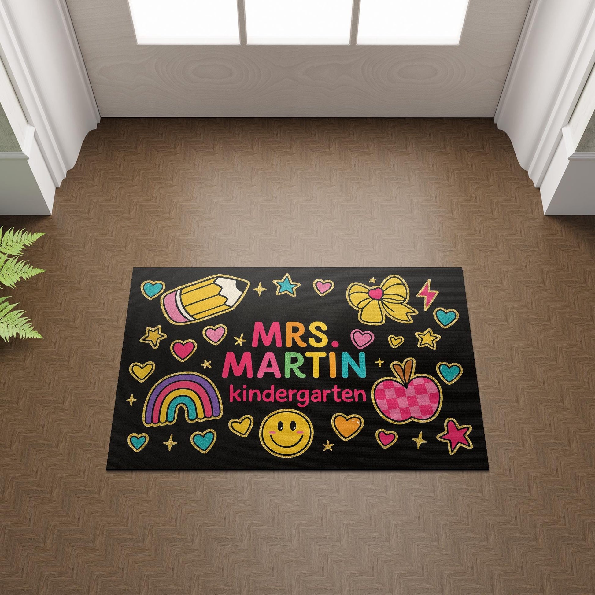 Teacher Kindergarten Doormat, Personalized Teacher Welcome Mat, Cute Rainbow Smile Design Rug, Back to School Classroom Decor, Preschool Mat