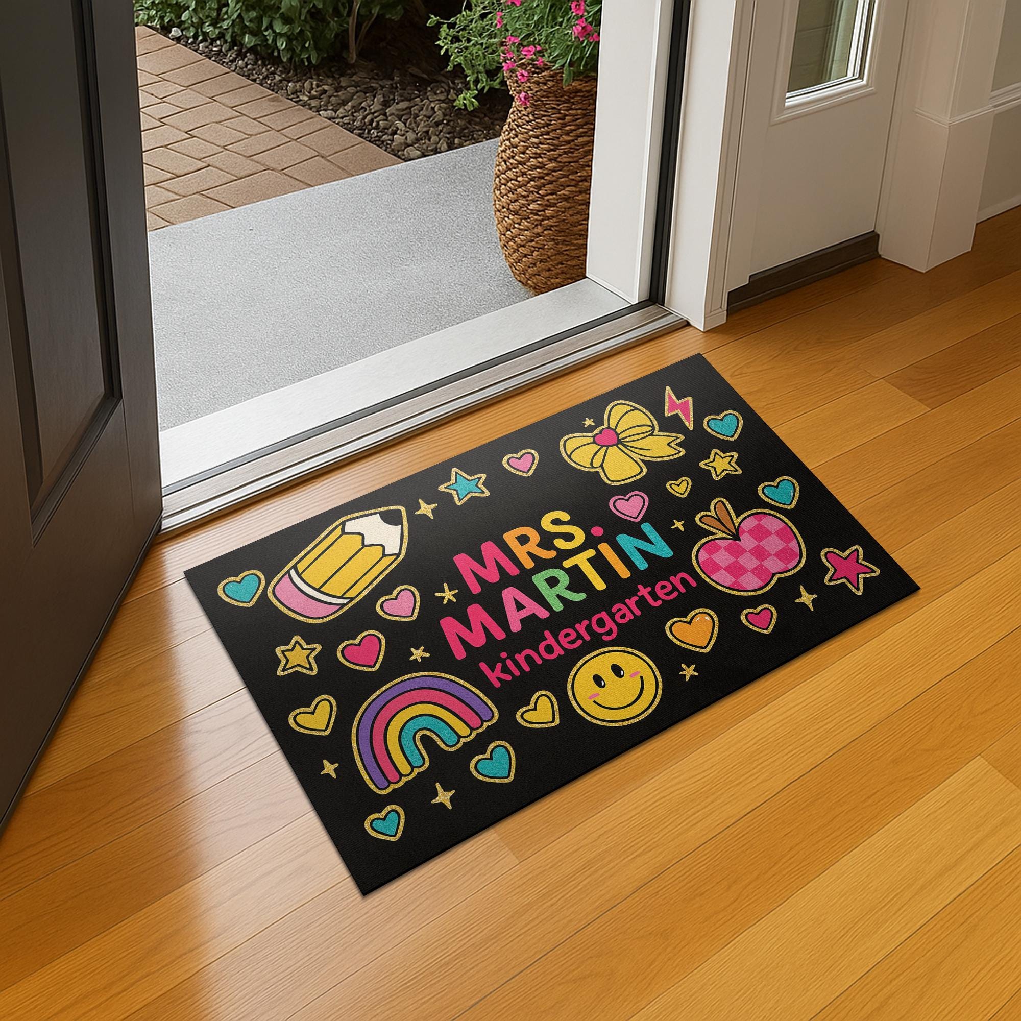 Teacher Kindergarten Doormat, Personalized Teacher Welcome Mat, Cute Rainbow Smile Design Rug, Back to School Classroom Decor, Preschool Mat
