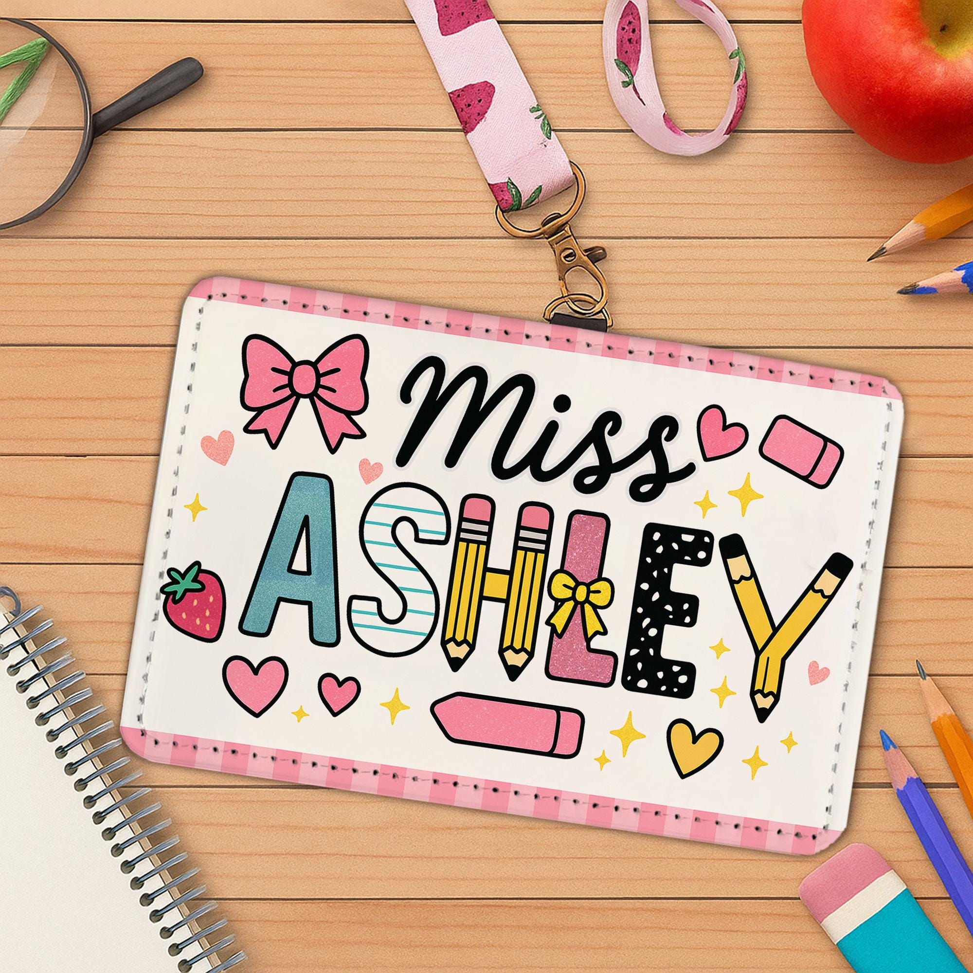 Personalized Teacher Badge Holder, Cute Name Tag for Miss Ashley, Custom ID Card with Pink Design, Back to School Teacher Gift