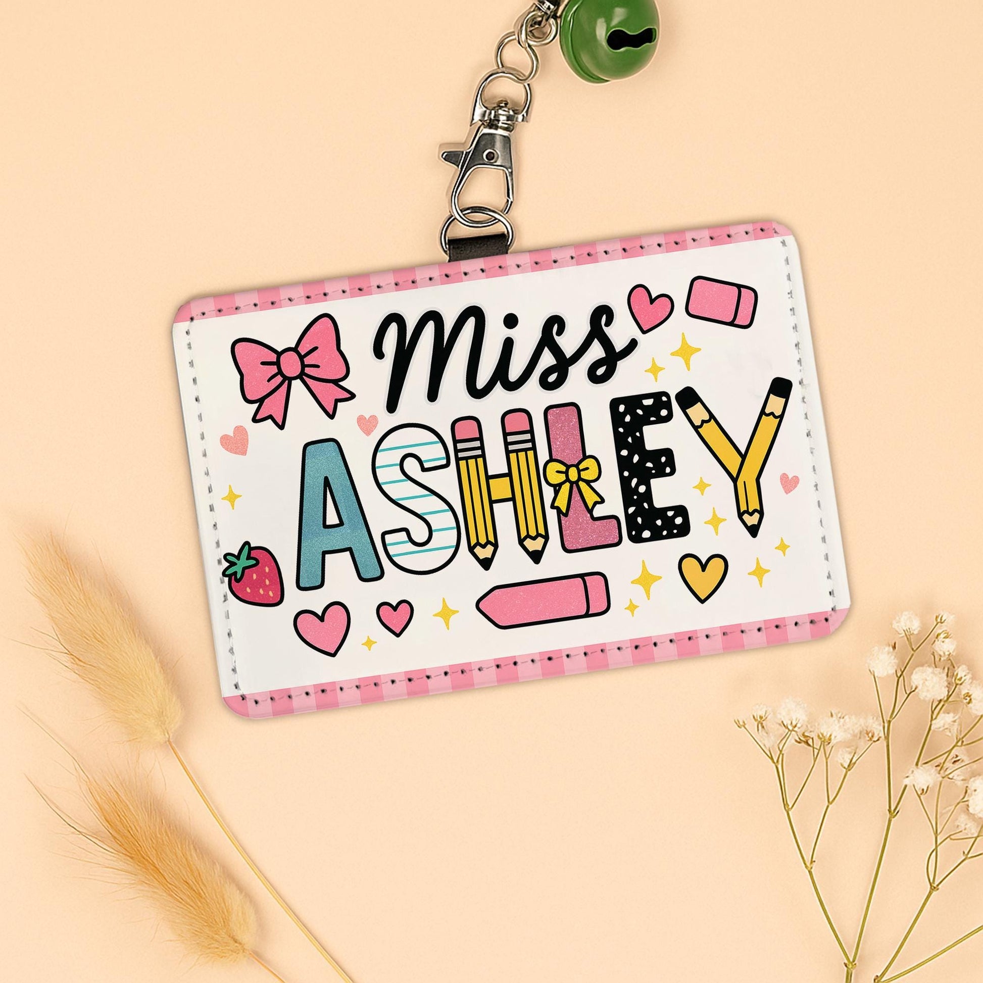 Personalized Teacher Badge Holder, Cute Name Tag for Miss Ashley, Custom ID Card with Pink Design, Back to School Teacher Gift
