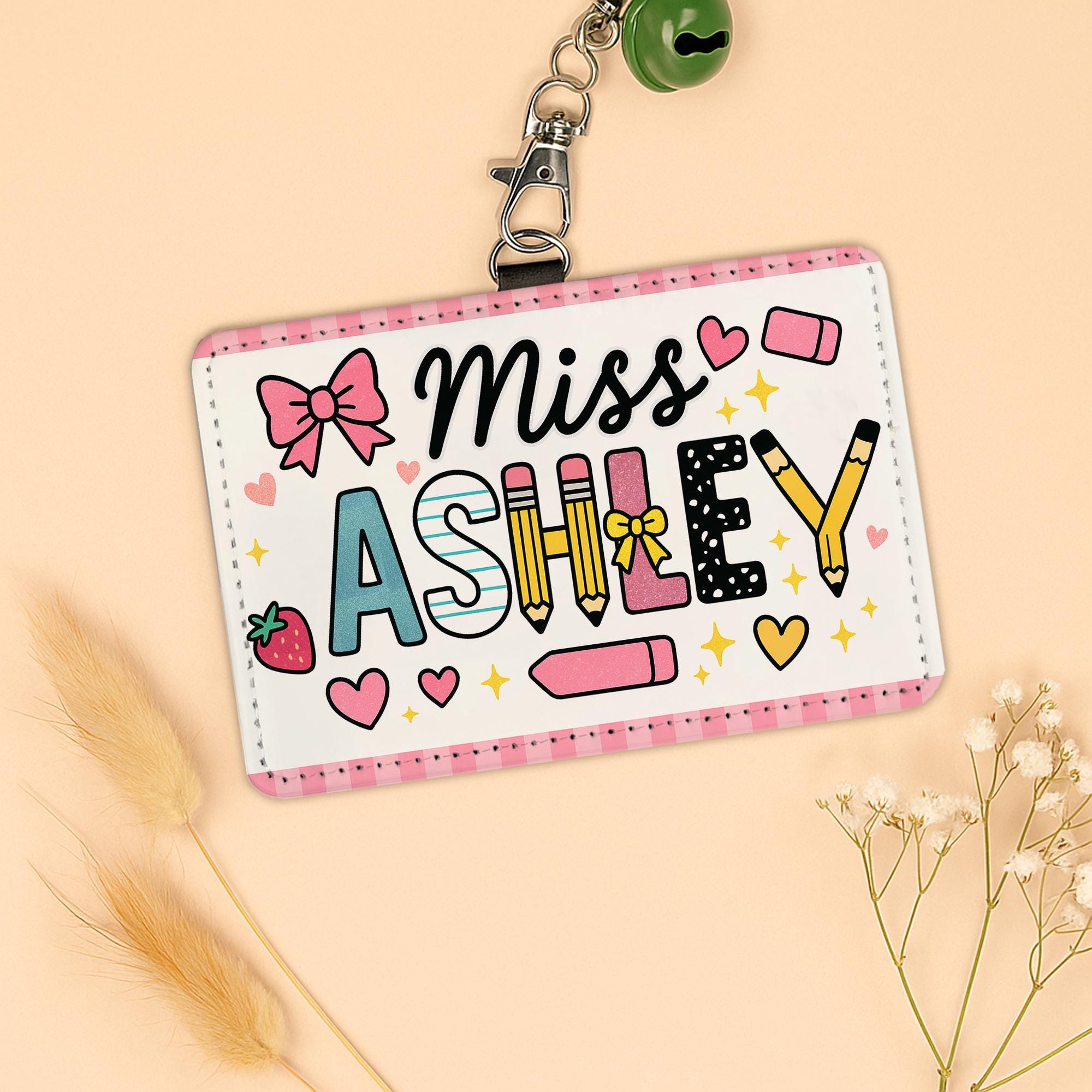 Personalized Teacher Badge Holder, Cute Name Tag for Miss Ashley, Custom ID Card with Pink Design, Back to School Teacher Gift