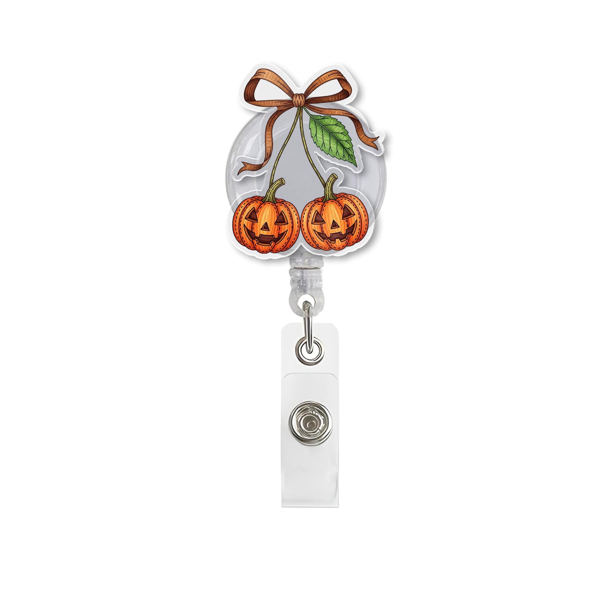 Halloween Pumpkin Badge Reel – White Pumpkin with Jack-O'-Lanterns ID Holder, Fall Cute Name Tag Clip for Nurses & Teachers, Fall Badge Clip