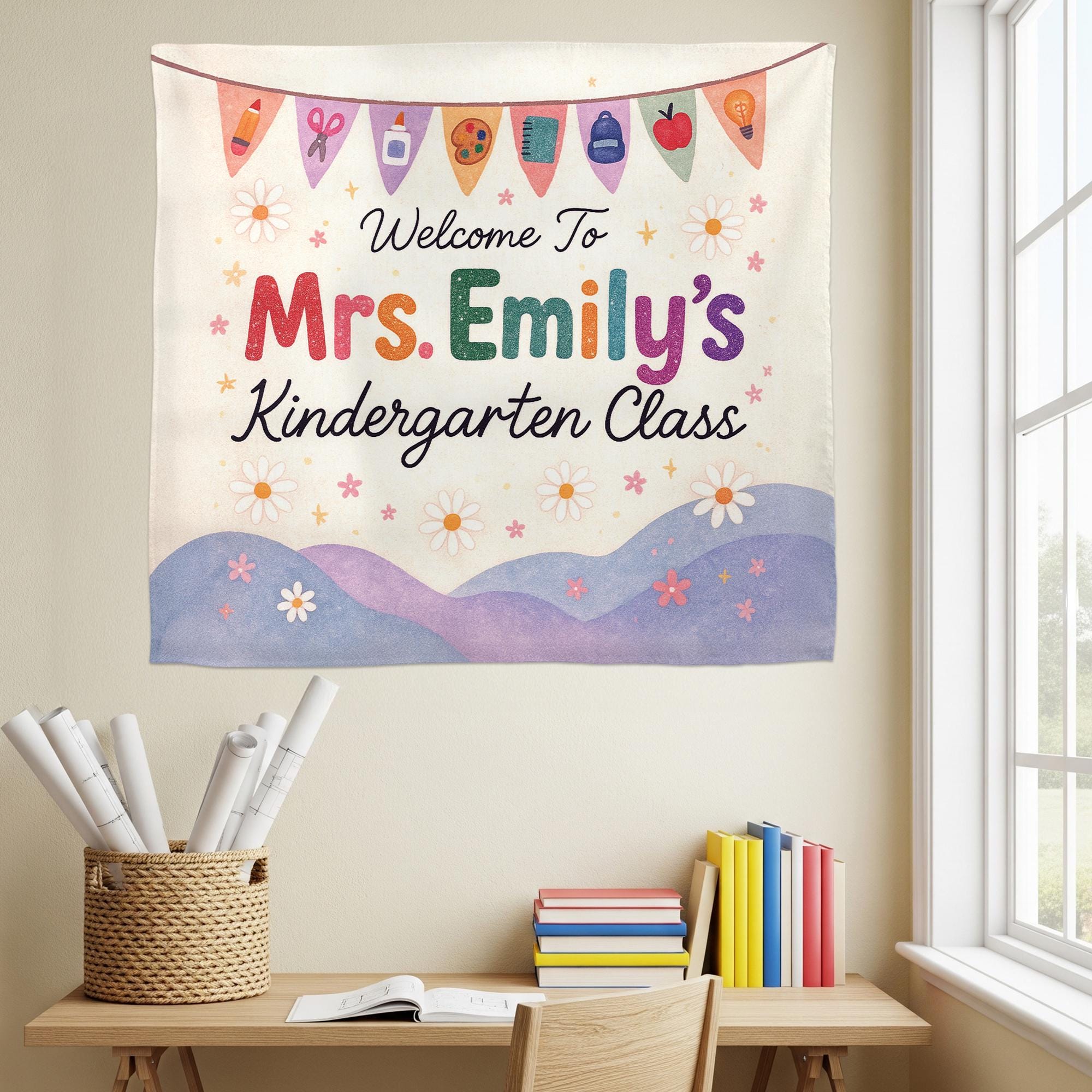 Welcome to Kindergarten Class Tapestry, Personalized Classroom Sign, Teacher Wall Decor, Back to School Banner, Decor Classroom