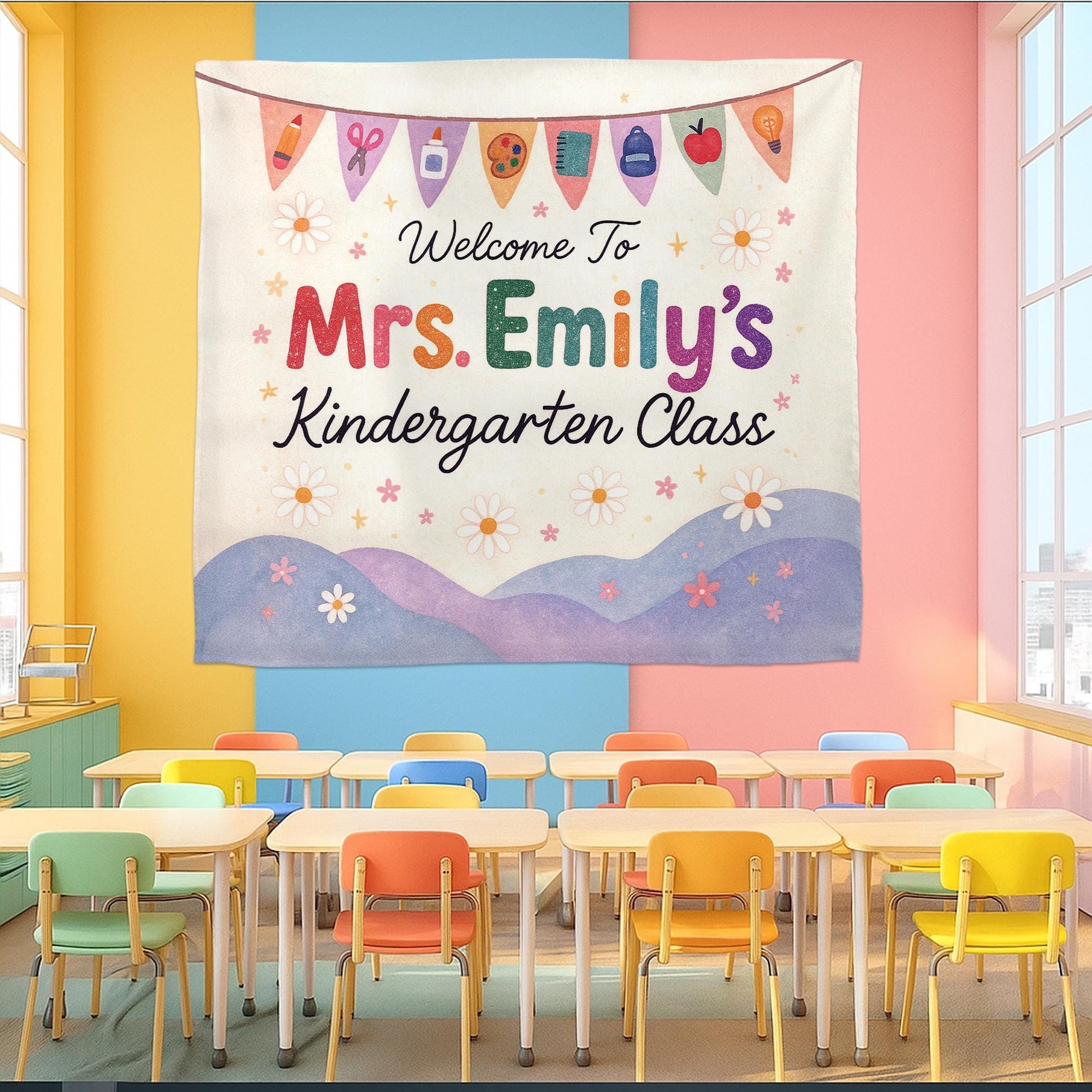 Welcome to Kindergarten Class Tapestry, Personalized Classroom Sign, Teacher Wall Decor, Back to School Banner, Decor Classroom