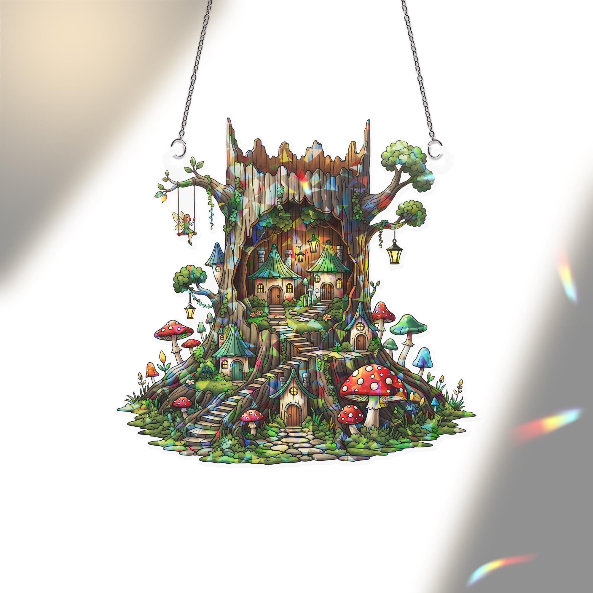 Fairy Tree Stump Holographic Window Hanging | Fantasy Forest Faux Stained Glass Decor | Magical Cottagecore Suncatcher Gift