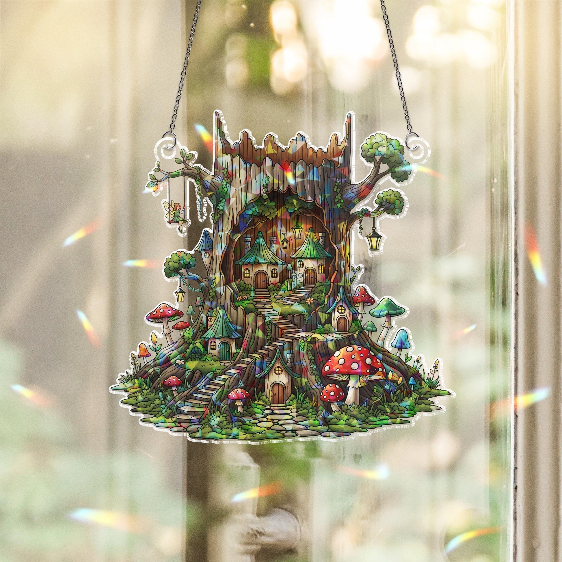 Fairy Tree Stump Holographic Window Hanging | Fantasy Forest Faux Stained Glass Decor | Magical Cottagecore Suncatcher Gift