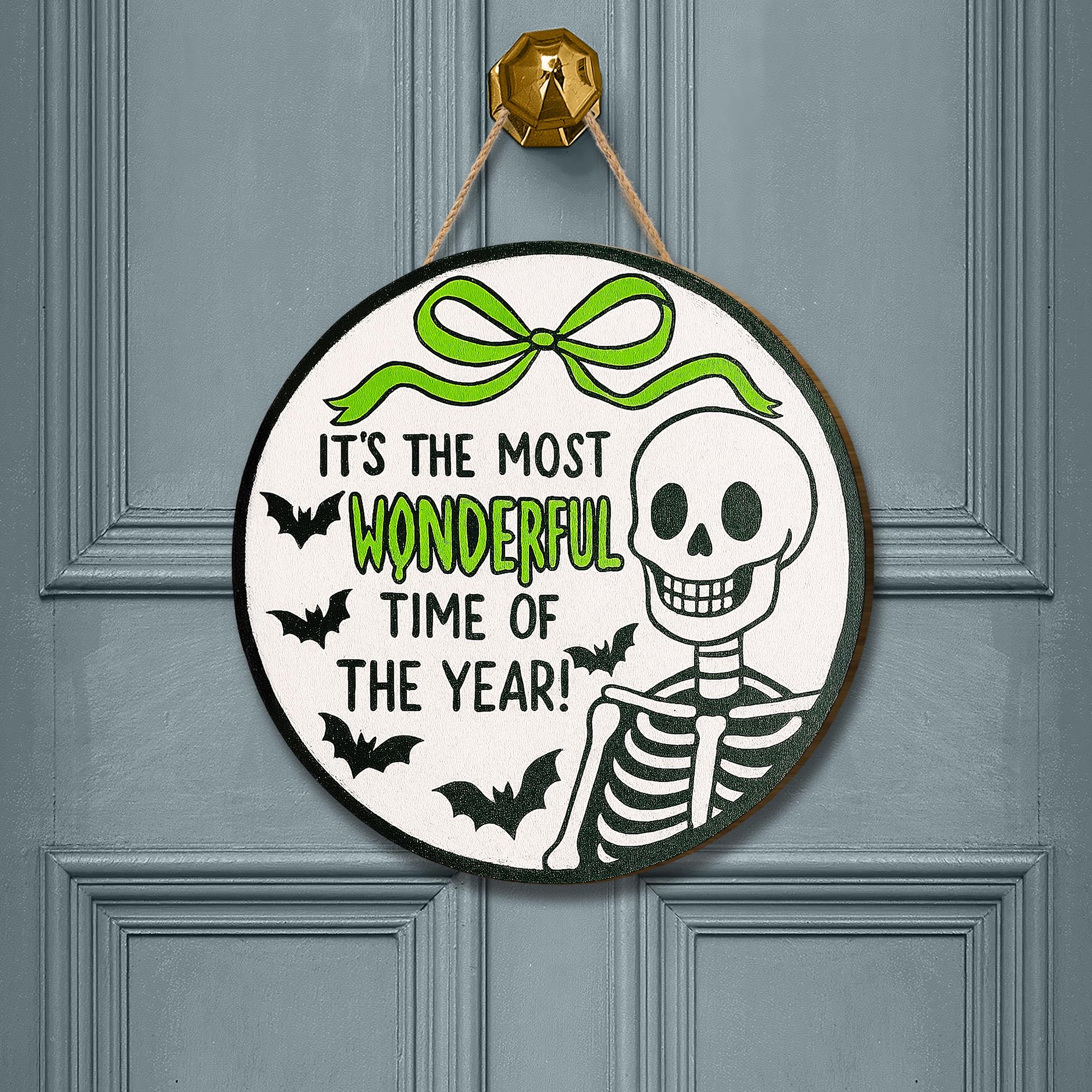 Funny Halloween Skeleton Sign, Most Wonderful Time of the Year Decor, Spooky Wooden Door Hanger, Bat Skeleton Wall Art