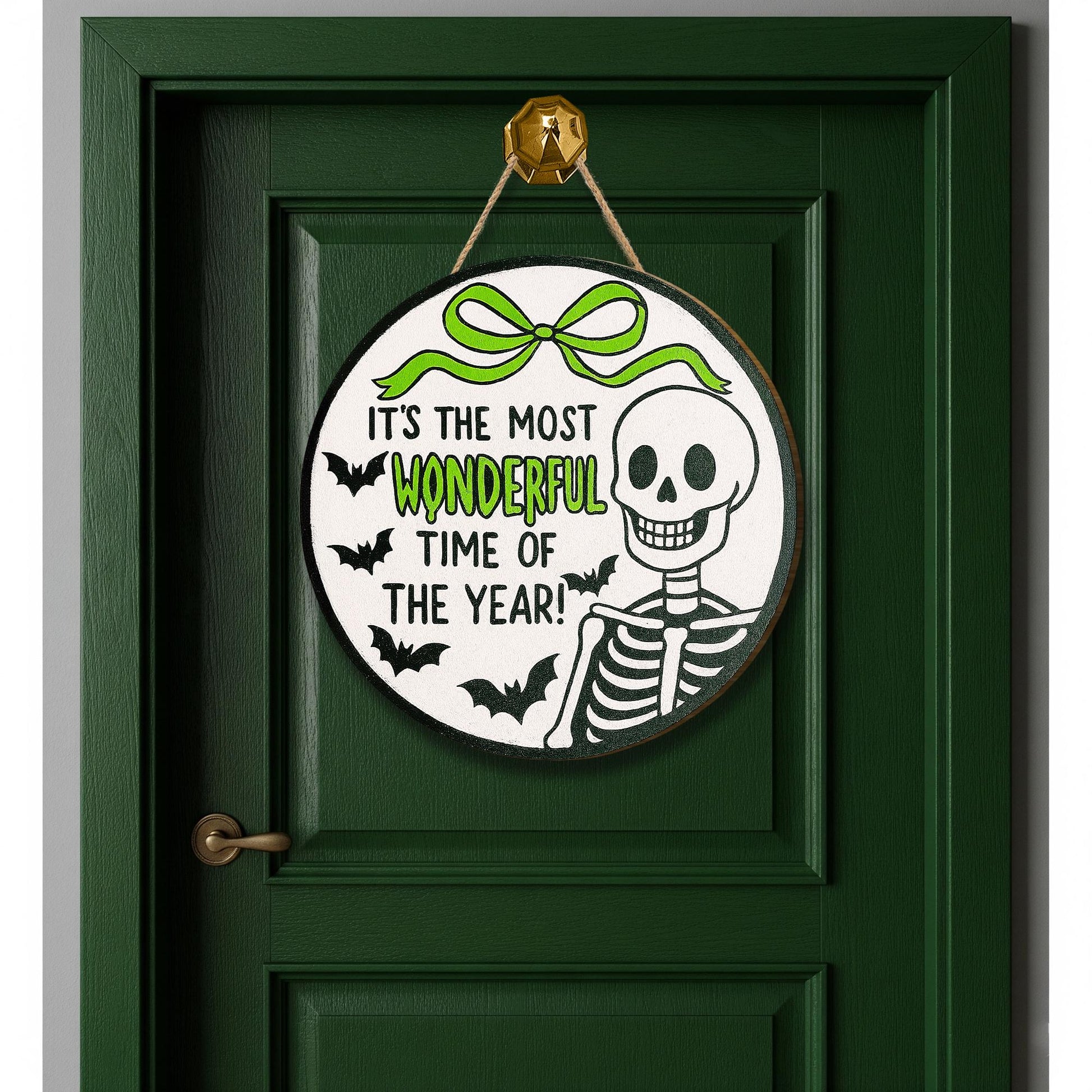 Funny Halloween Skeleton Sign, Most Wonderful Time of the Year Decor, Spooky Wooden Door Hanger, Bat Skeleton Wall Art