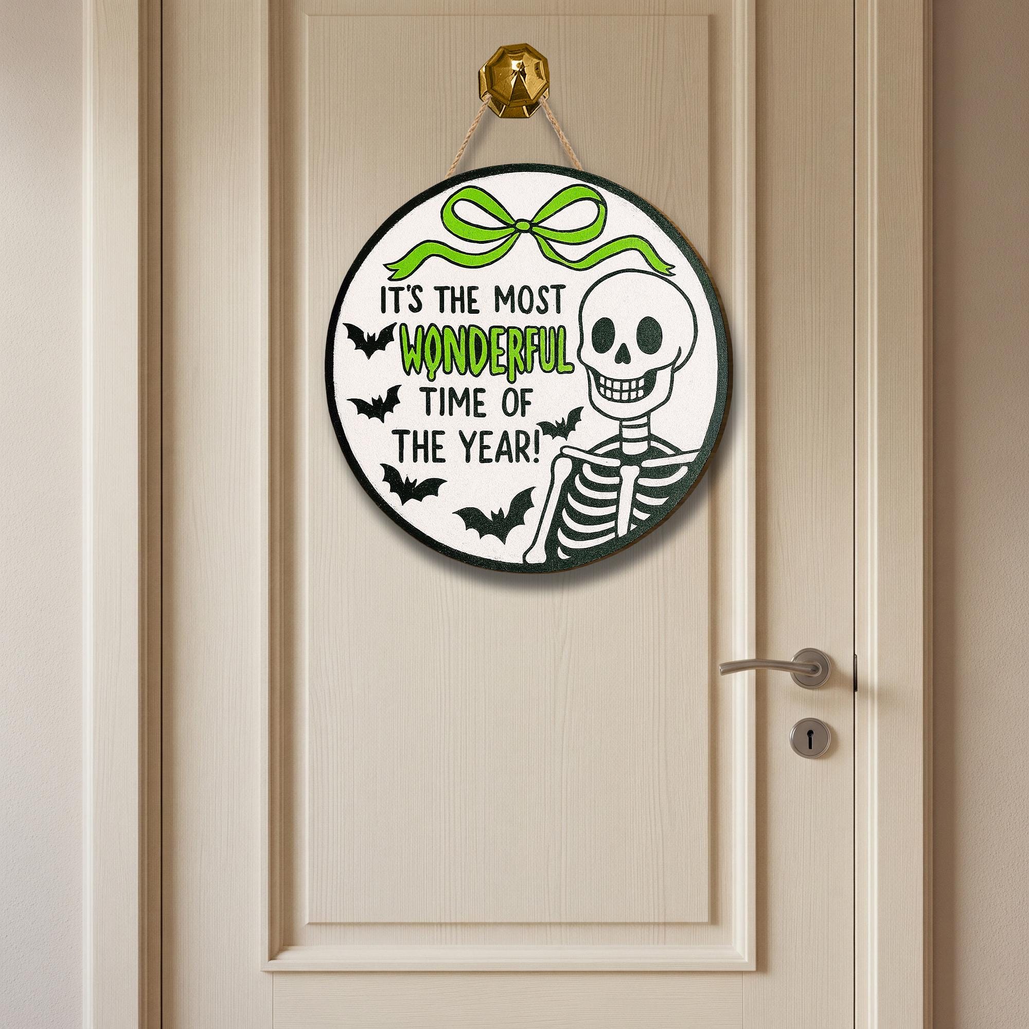 Funny Halloween Skeleton Sign, Most Wonderful Time of the Year Decor, Spooky Wooden Door Hanger, Bat Skeleton Wall Art