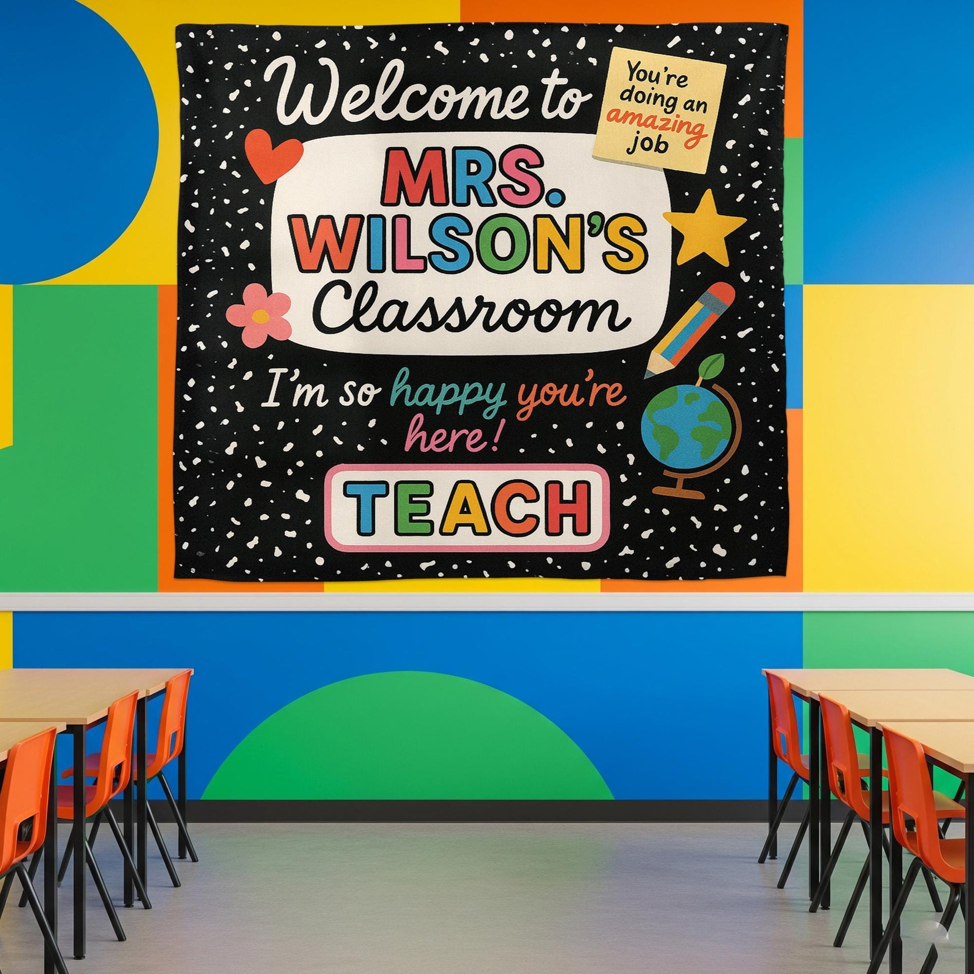 Welcome to Classroom Tapestry, Colorful Teacher Wall Sign, Back to School Decor, Happy Classroom Banner Poster, Classroom Decor