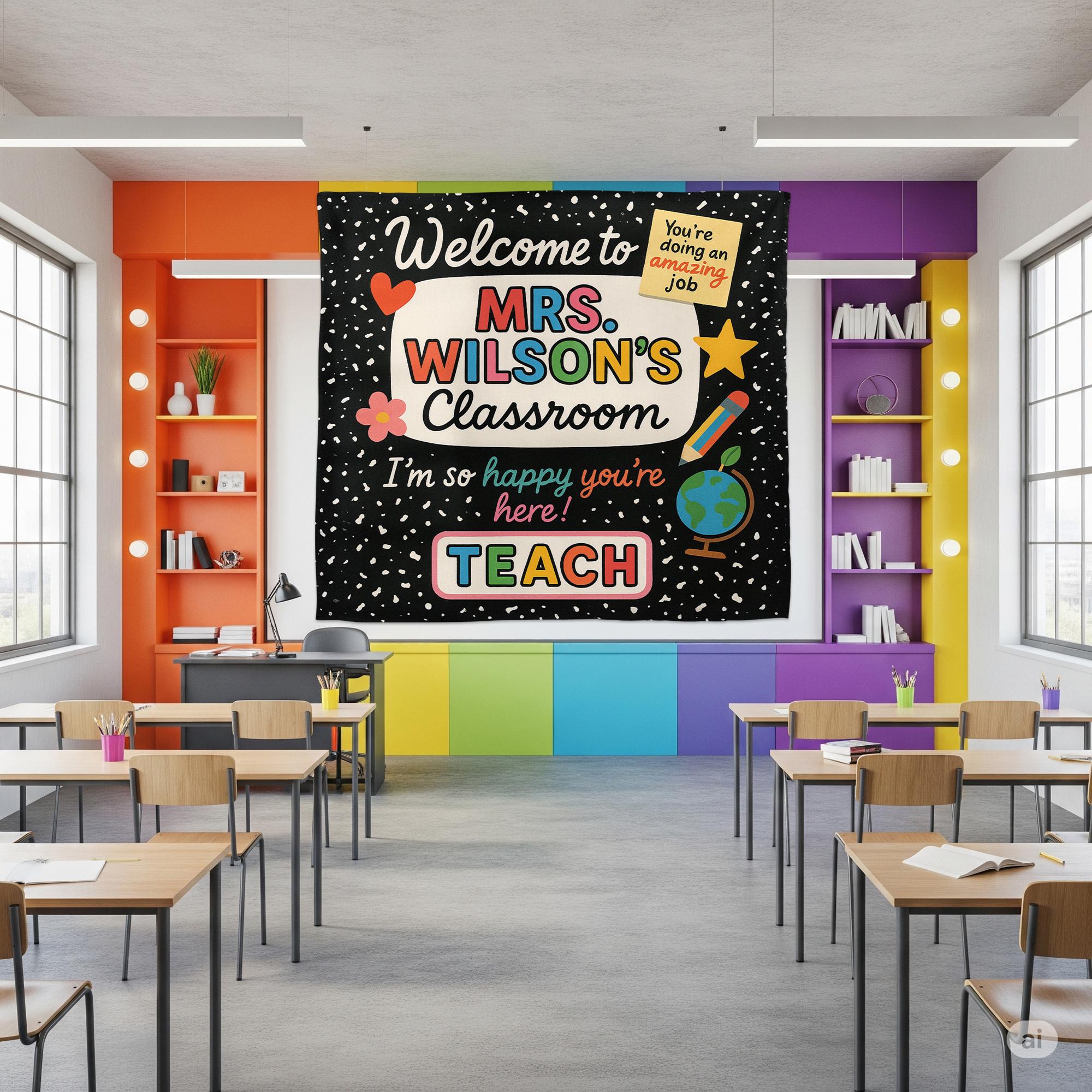 Welcome to Classroom Tapestry, Colorful Teacher Wall Sign, Back to School Decor, Happy Classroom Banner Poster, Classroom Decor