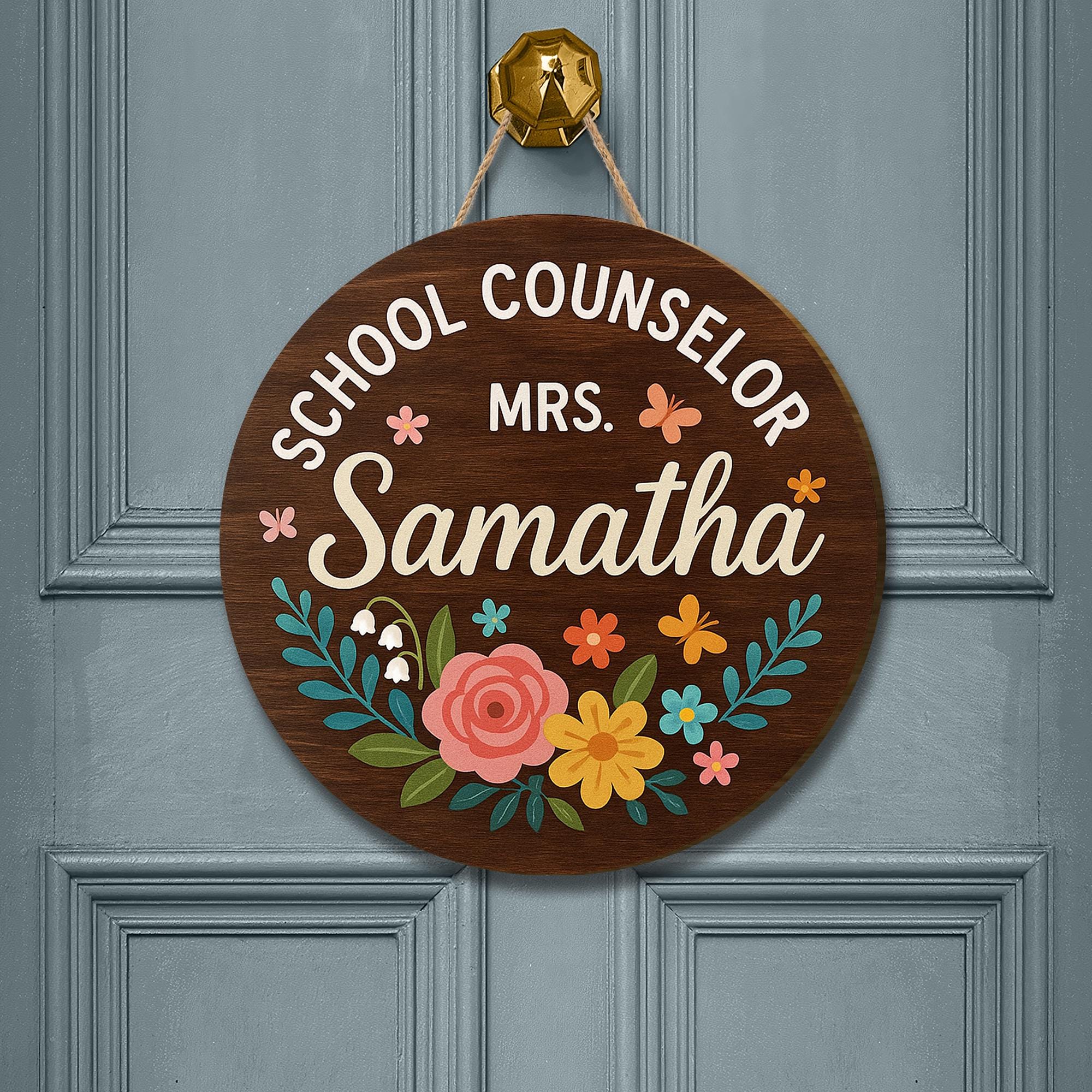School Counselor Door Sign, Personalized Floral Wooden Name Plaque, Custom Office Decor for Counselor, Teacher Gift Idea