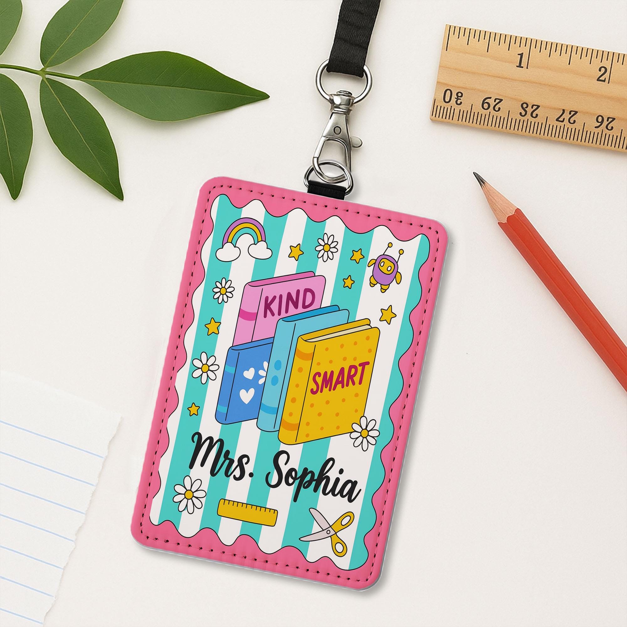 Personalized Teacher ID Badge Holder – Cute Book Theme Lanyard Card Holder, Back to School Classroom Accessory for Teachers, Educators