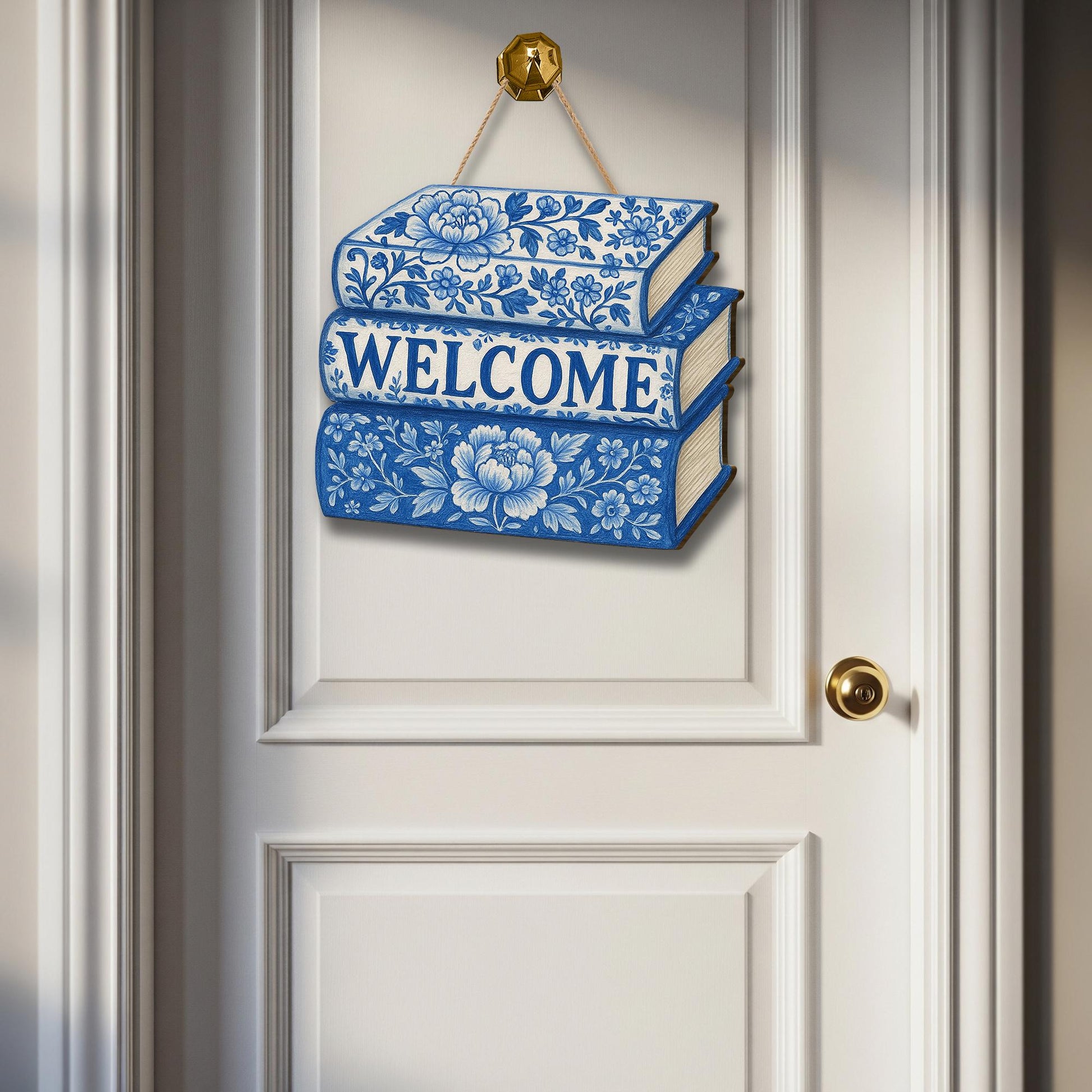 Chinoiserie Welcome Sign, Blue Floral Book Stack Door Hanger, Elegant Wooden Entry Decor, Book Lover Gift, Cottagecore Wall Art