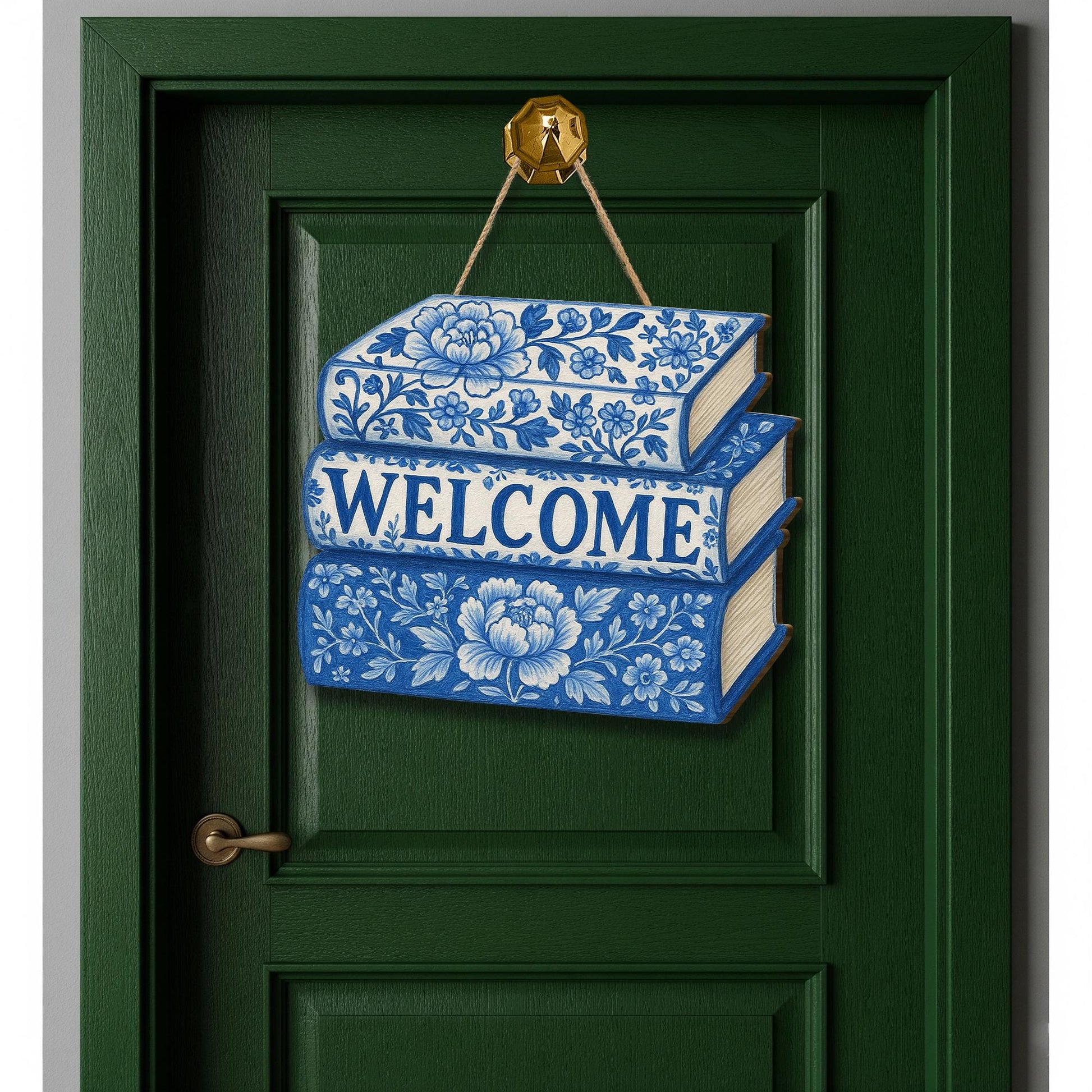 Chinoiserie Welcome Sign, Blue Floral Book Stack Door Hanger, Elegant Wooden Entry Decor, Book Lover Gift, Cottagecore Wall Art