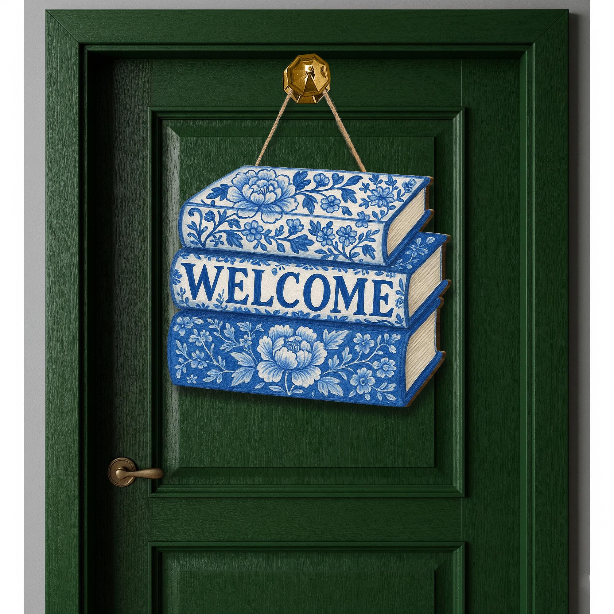 Chinoiserie Welcome Sign, Blue Floral Book Stack Door Hanger, Elegant Wooden Entry Decor, Book Lover Gift, Cottagecore Wall Art