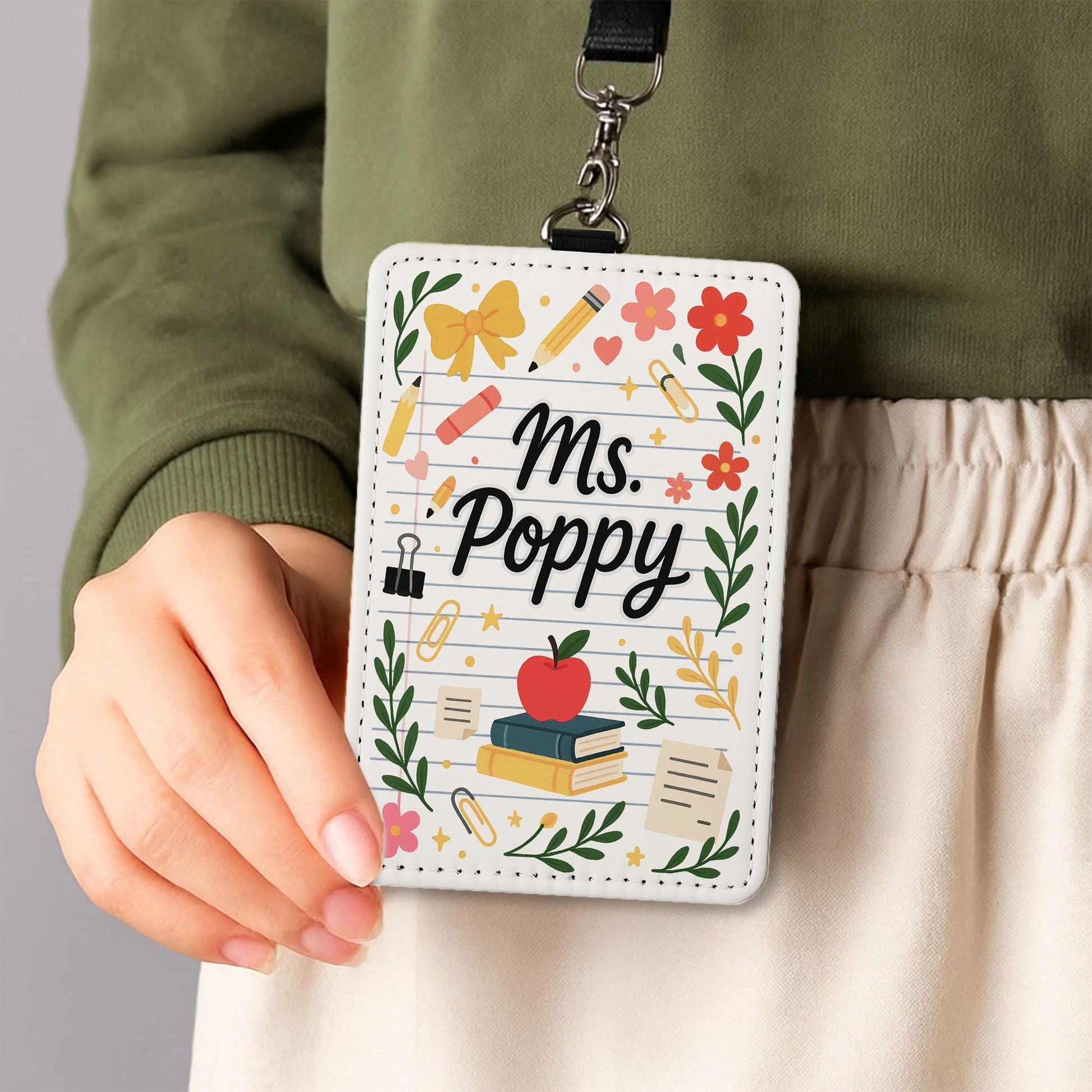 Personalized Teacher Badge Holder, Teacher ID Tag, Cute Floral School Lanyard Card, Custom Teacher Gift for Classroom Use, ID Tag teacher