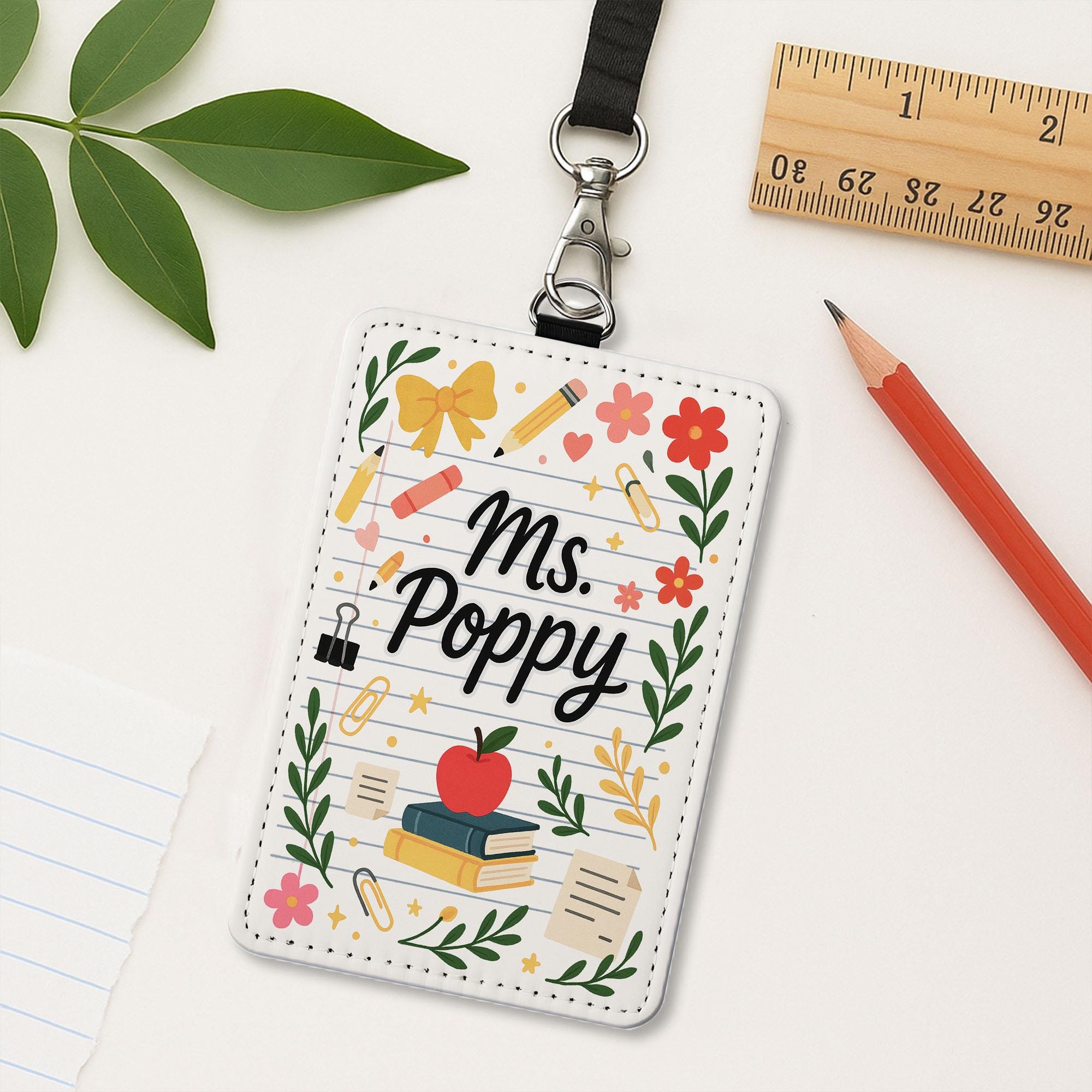 Personalized Teacher Badge Holder, Teacher ID Tag, Cute Floral School Lanyard Card, Custom Teacher Gift for Classroom Use, ID Tag teacher