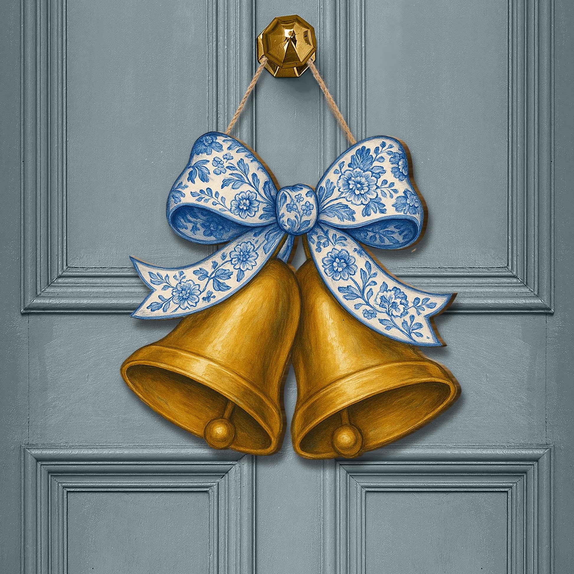 Chinoiserie Bell Door Hanger, Blue Floral Bow Wood Sign, Elegant Holiday Decor, Wedding Door Sign, Vintage Cottagecore Accent