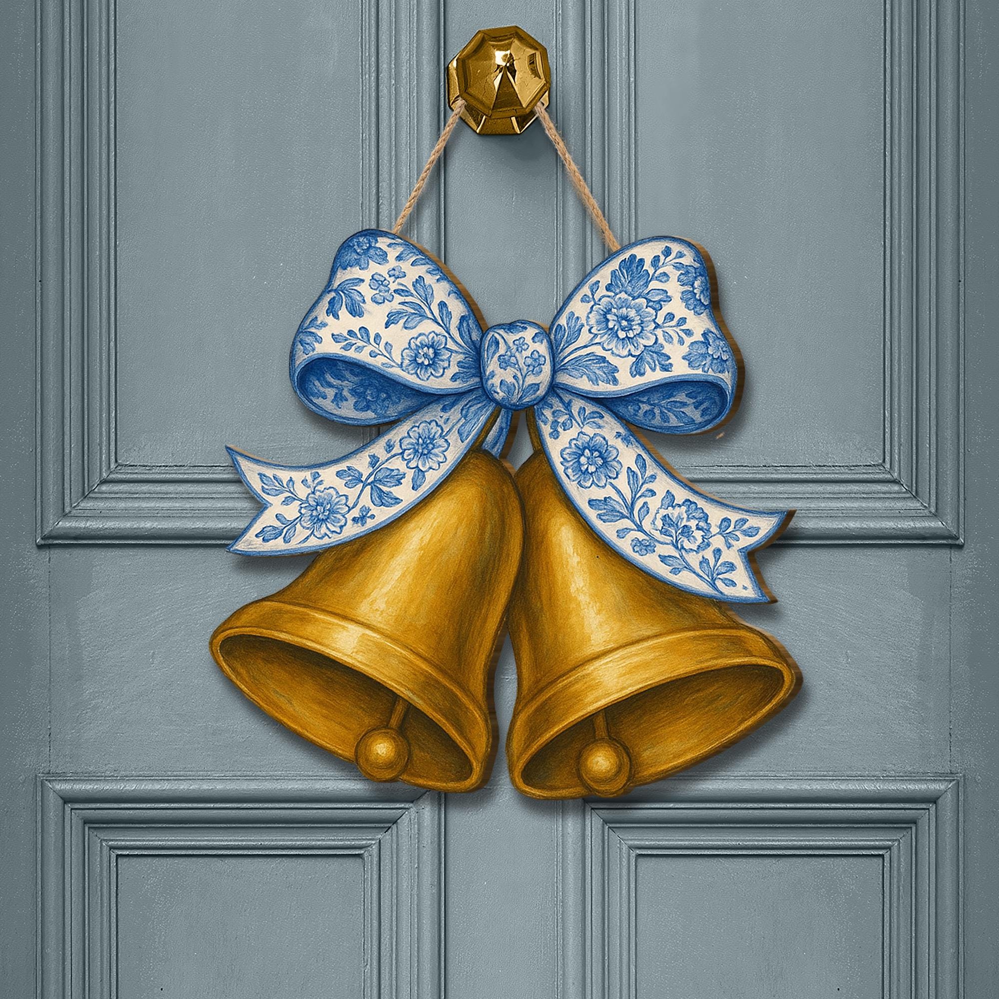 Chinoiserie Bell Door Hanger, Blue Floral Bow Wood Sign, Elegant Holiday Decor, Wedding Door Sign, Vintage Cottagecore Accent