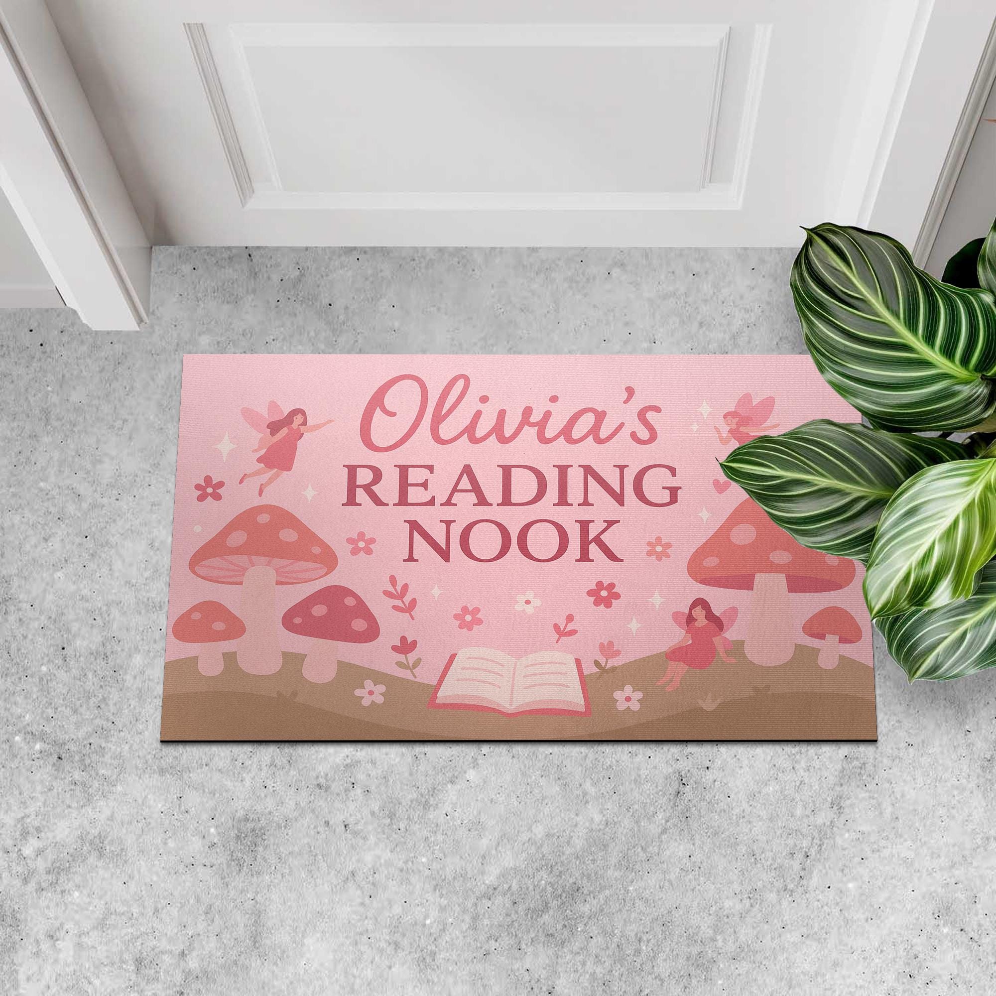 Personalized Reading Nook Doormat, Fairy Mushroom Rug for Kids, Custom Book Lover Gift, Girl’s Bedroom or Library Mat