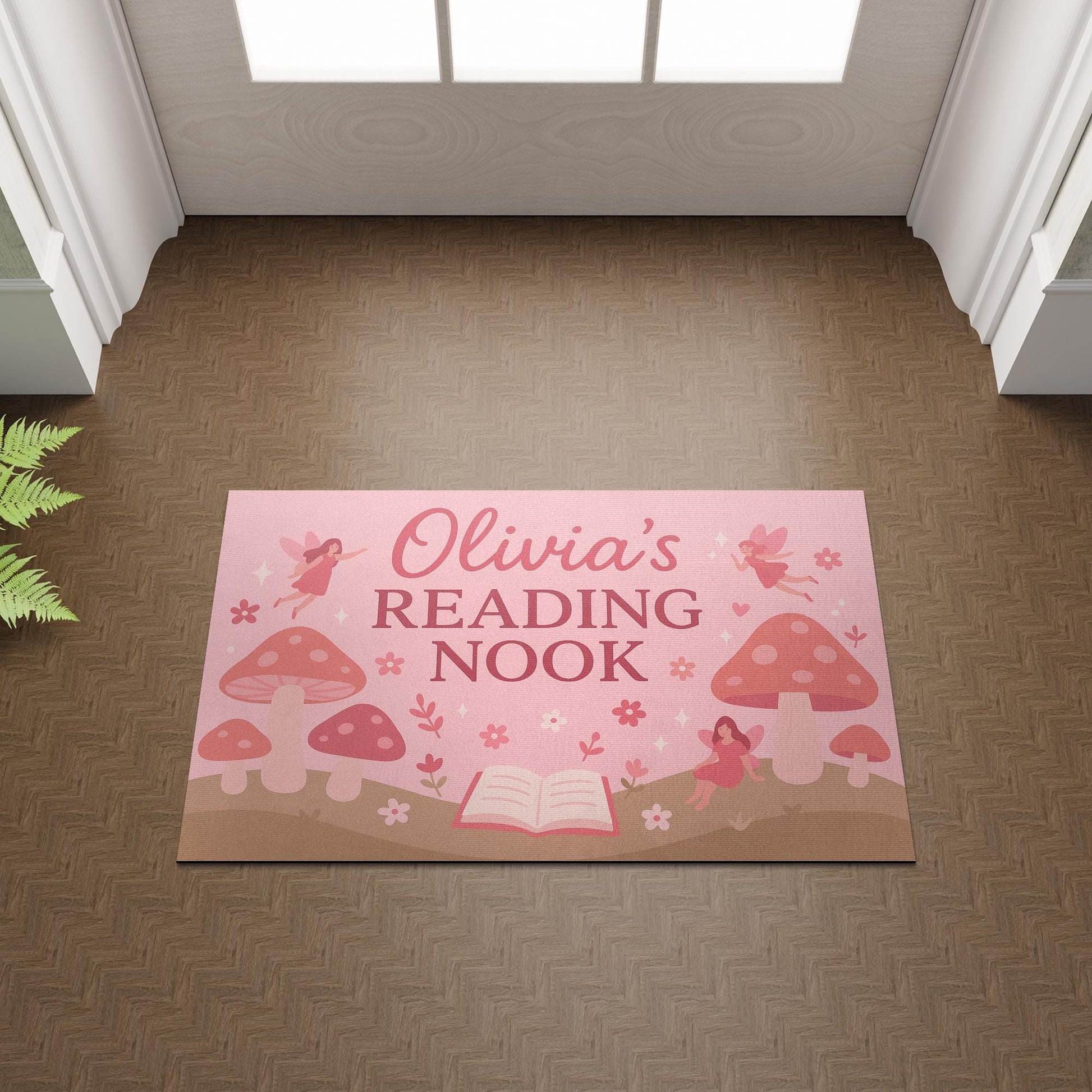 Personalized Reading Nook Doormat, Fairy Mushroom Rug for Kids, Custom Book Lover Gift, Girl’s Bedroom or Library Mat