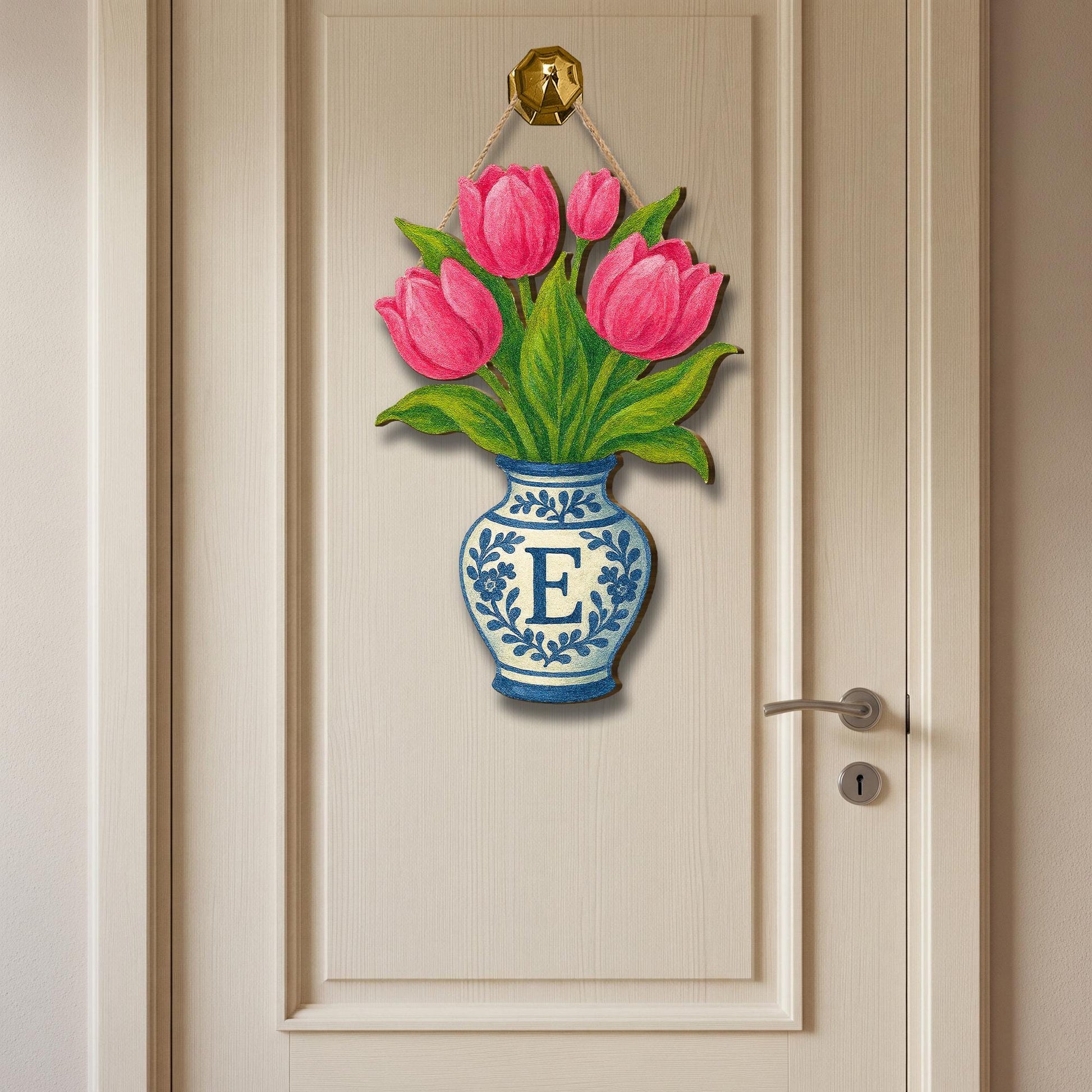 Pink Tulip Chinoiserie Vase Monogram Door Hanger | Blue and White Floral Front Door Decor | Personalized Spring Summer Door Sign