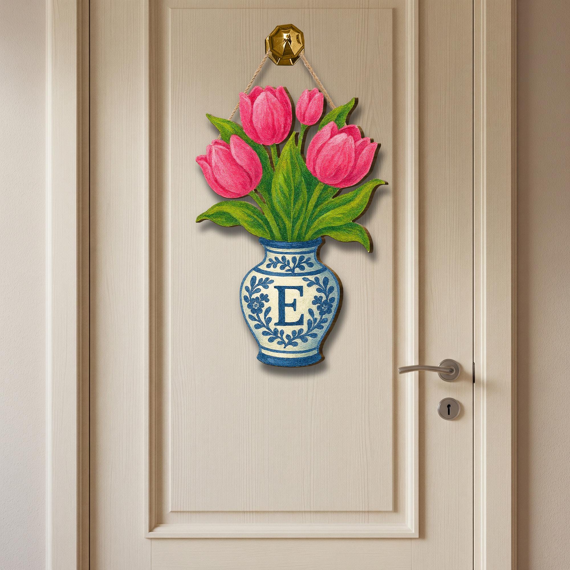 Pink Tulip Chinoiserie Vase Monogram Door Hanger | Blue and White Floral Front Door Decor | Personalized Spring Summer Door Sign