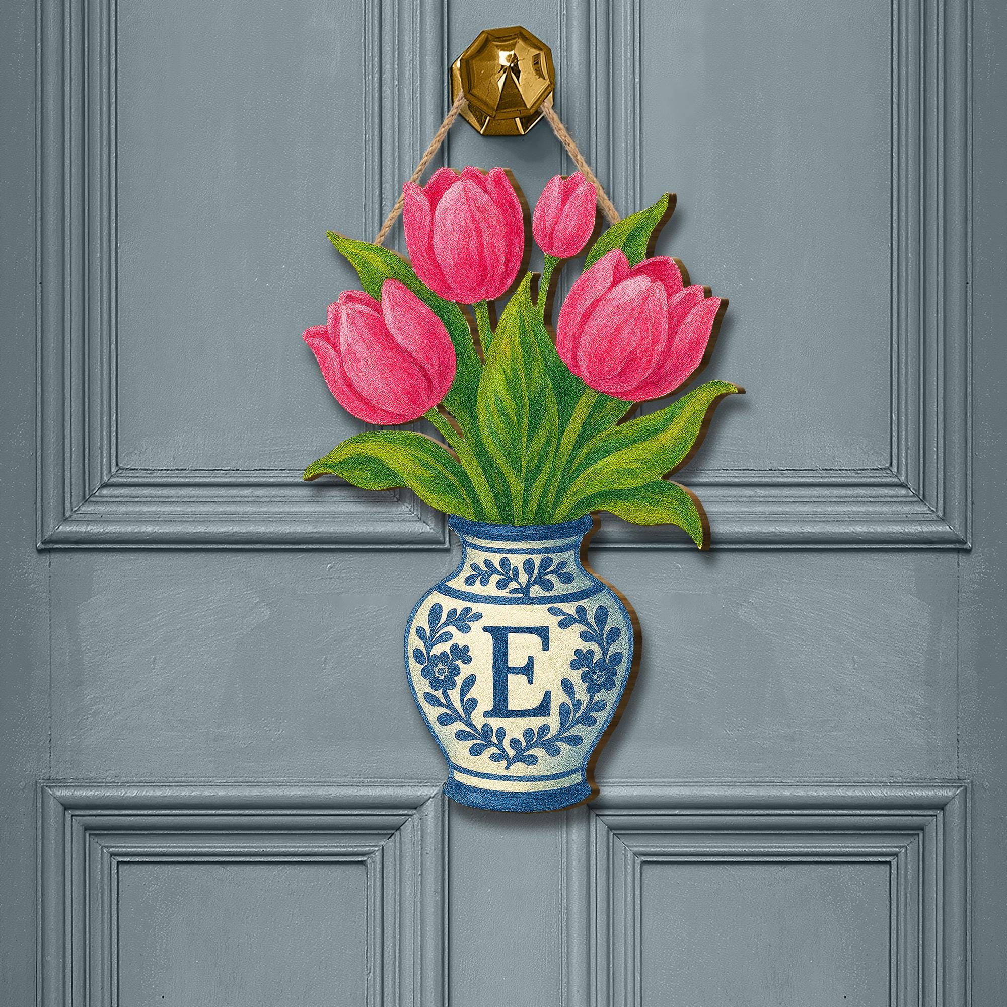 Pink Tulip Chinoiserie Vase Monogram Door Hanger | Blue and White Floral Front Door Decor | Personalized Spring Summer Door Sign