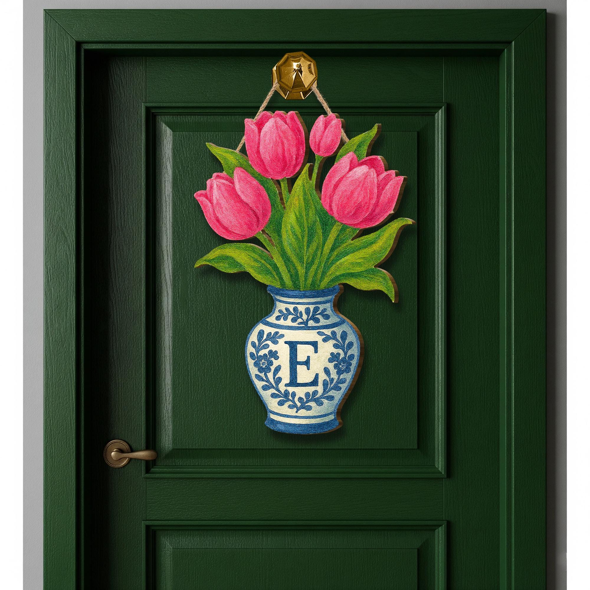 Pink Tulip Chinoiserie Vase Monogram Door Hanger | Blue and White Floral Front Door Decor | Personalized Spring Summer Door Sign