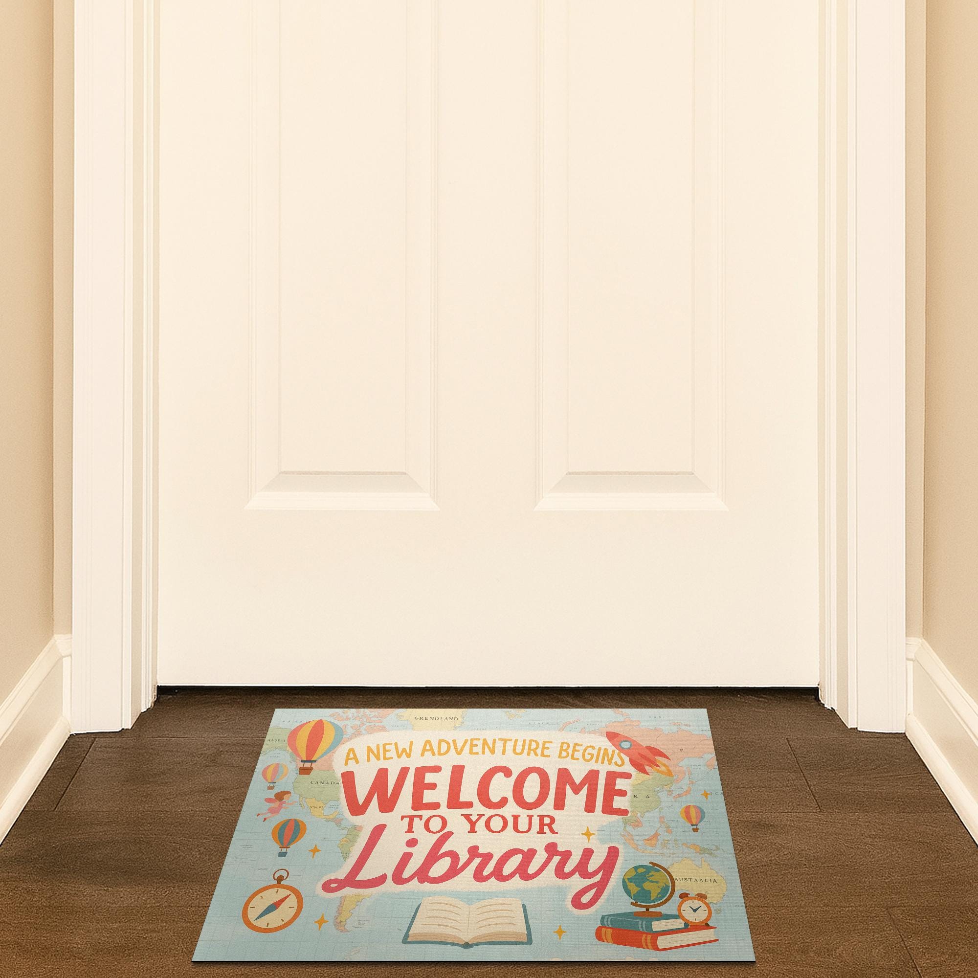 Library Welcome Doormat, A New Adventure Begins Rug, Book Themed Entry Mat, School Library Decor, Reading Classroom Gift