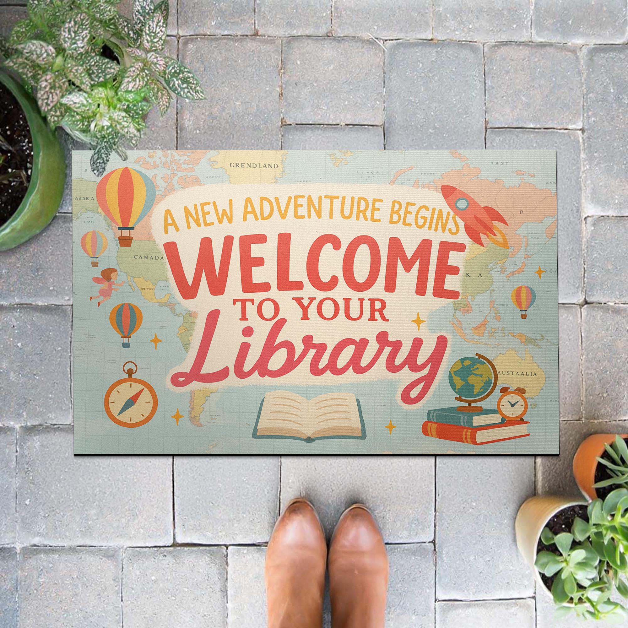 Library Welcome Doormat, A New Adventure Begins Rug, Book Themed Entry Mat, School Library Decor, Reading Classroom Gift
