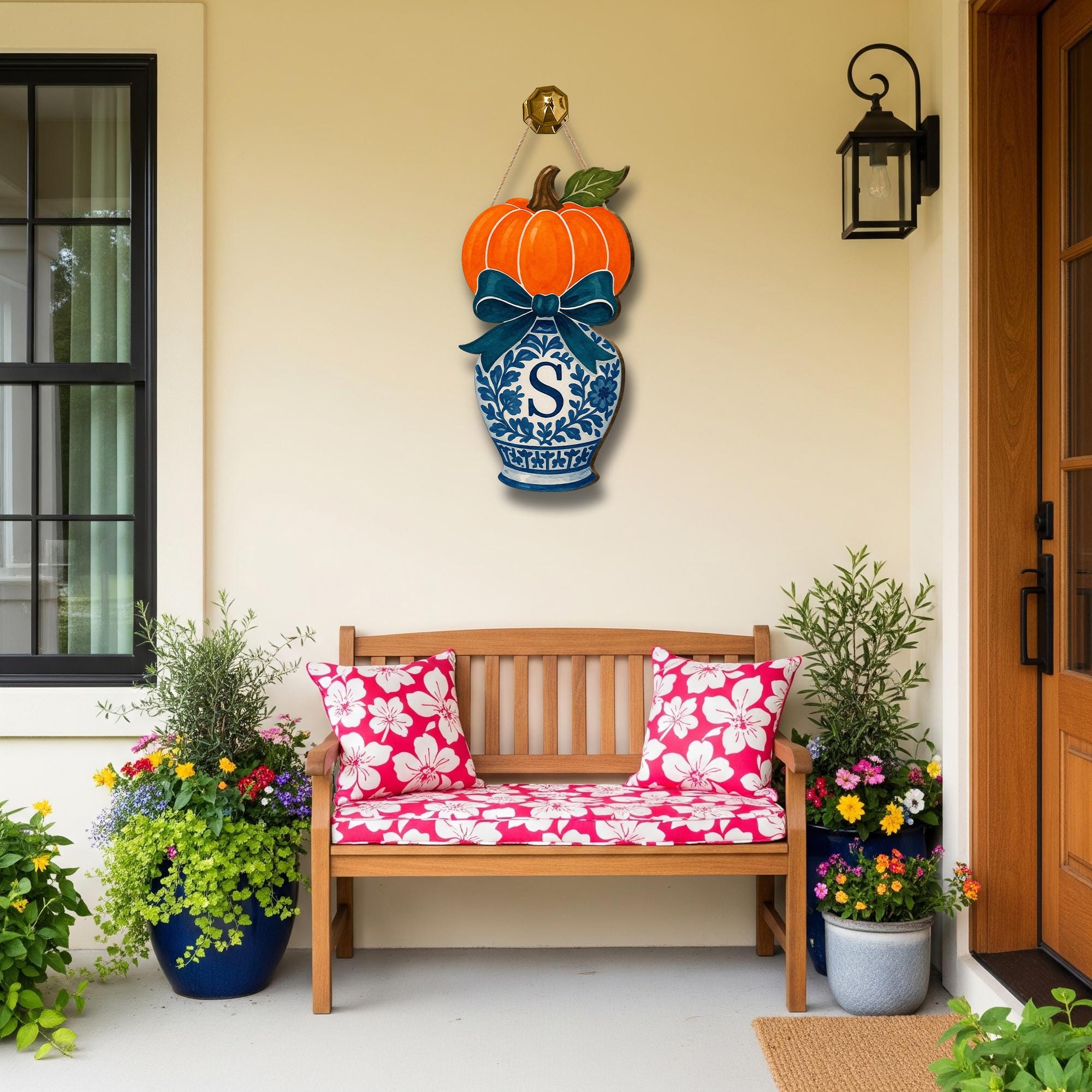 Pumpkin Chinoiserie Door Hanger – Monogram Fall Front Door Sign with Blue Vase, Bow, Personalized Autumn Porch Decor, Southern Style