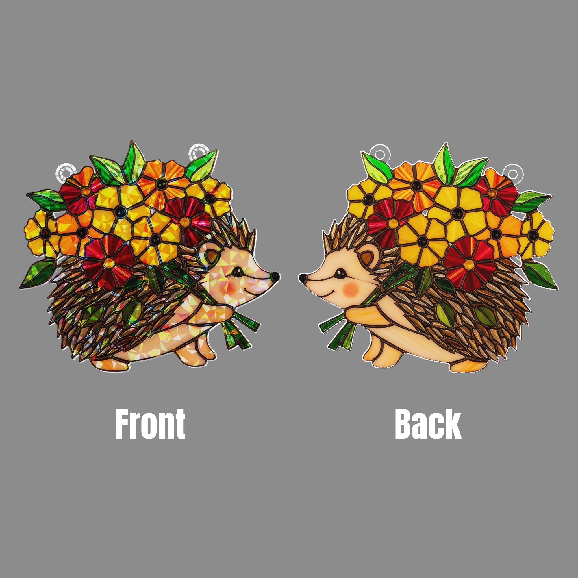 Fall Hedgehog Acrylic Suncatcher, Holographic Floral Window Decor, Autumn Animal Hanging Art, Cute Seasonal Home Accent