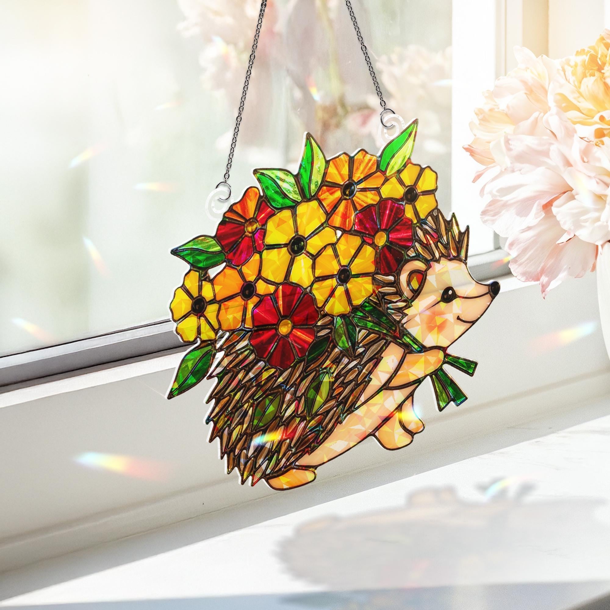 Fall Hedgehog Acrylic Suncatcher, Holographic Floral Window Decor, Autumn Animal Hanging Art, Cute Seasonal Home Accent