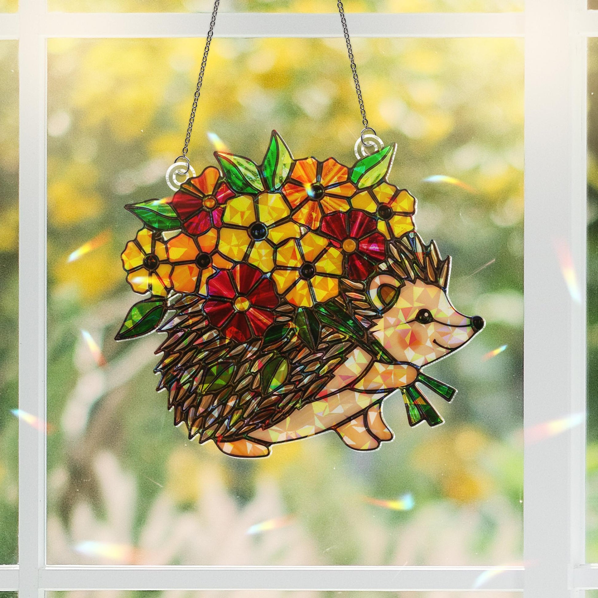 Fall Hedgehog Acrylic Suncatcher, Holographic Floral Window Decor, Autumn Animal Hanging Art, Cute Seasonal Home Accent