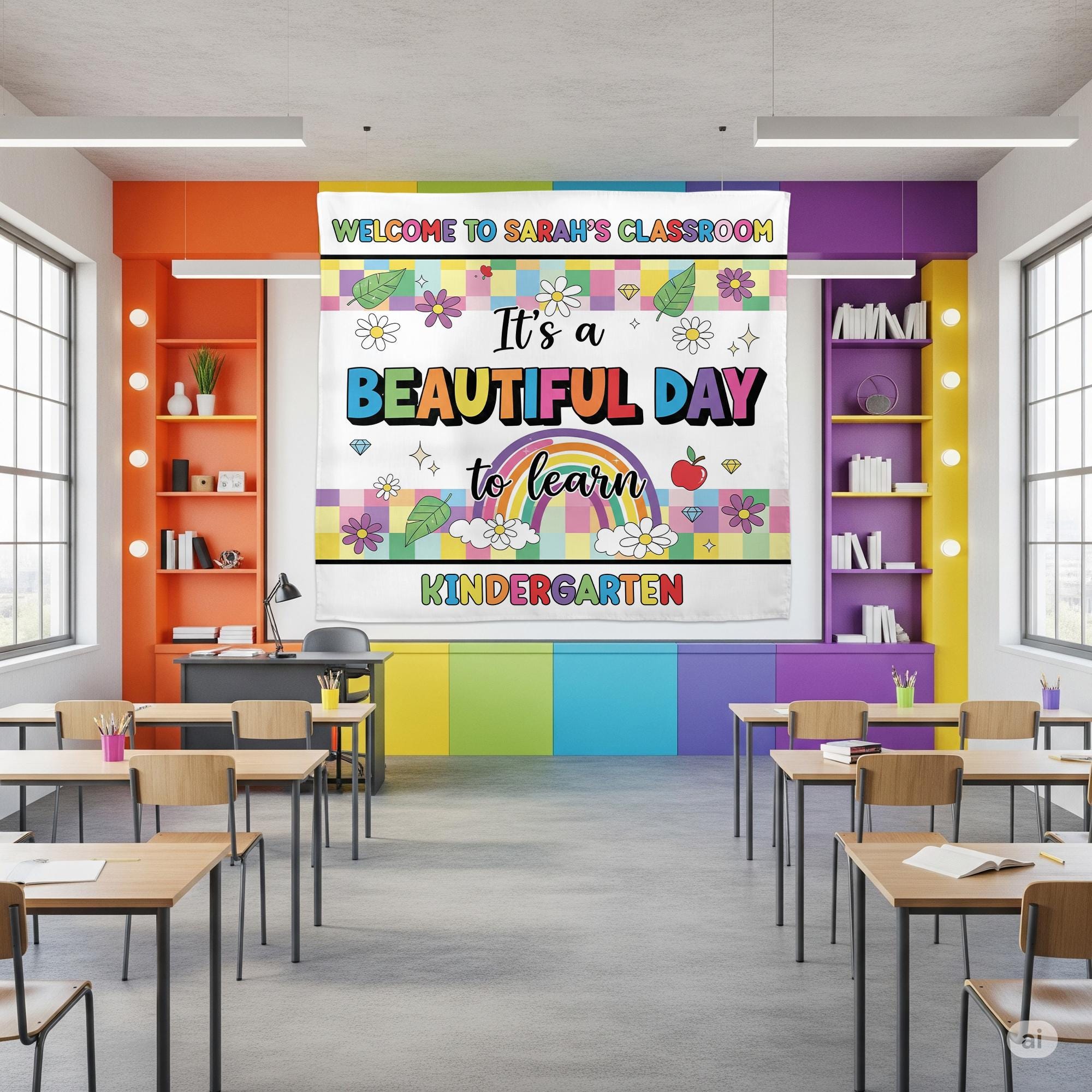 Beautiful Day to Learn Kindergarten Tapestry, Custom Classroom Wall Decor, Rainbow Teacher Sign, Back to School Personalized Tapestry Banner