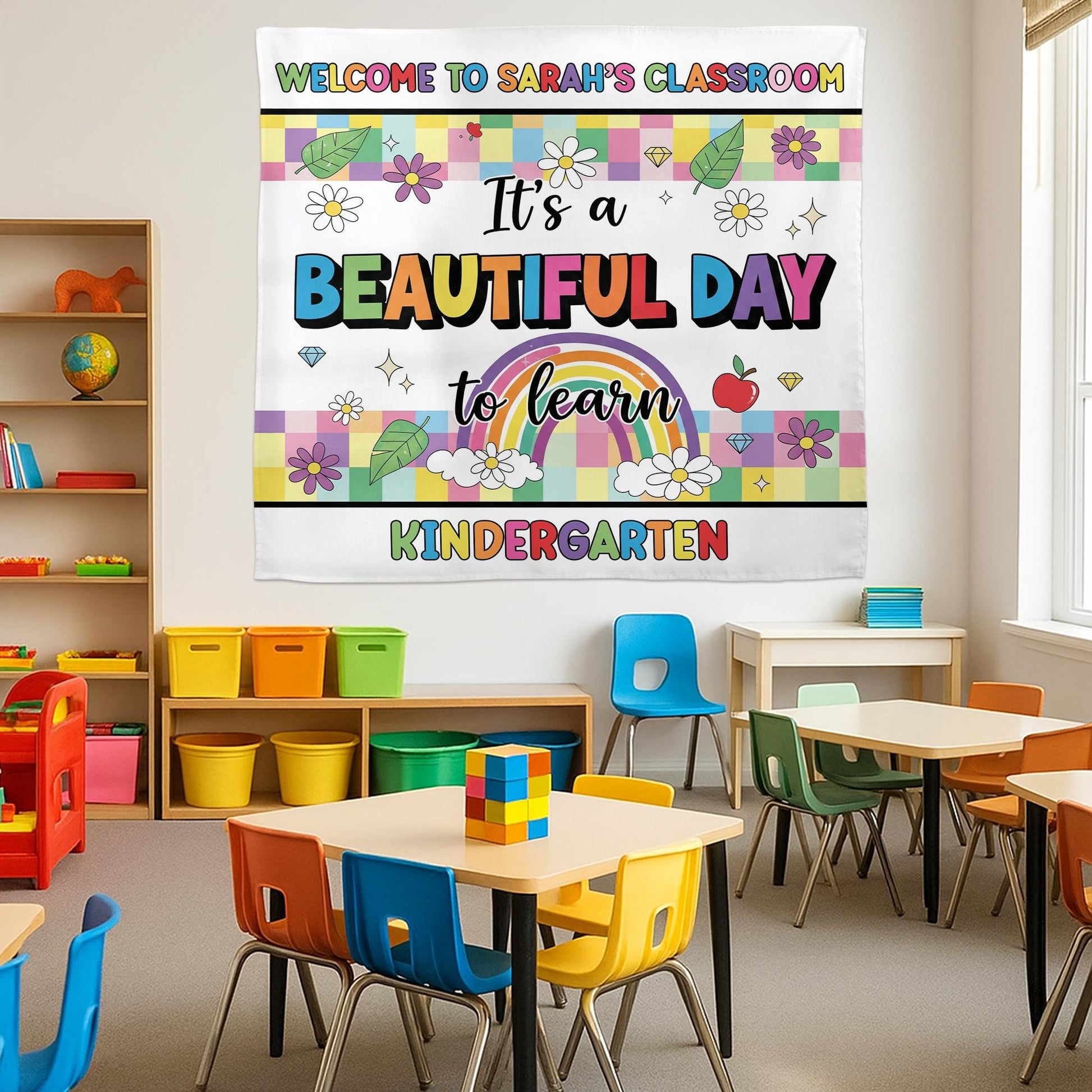 Beautiful Day to Learn Kindergarten Tapestry, Custom Classroom Wall Decor, Rainbow Teacher Sign, Back to School Personalized Tapestry Banner